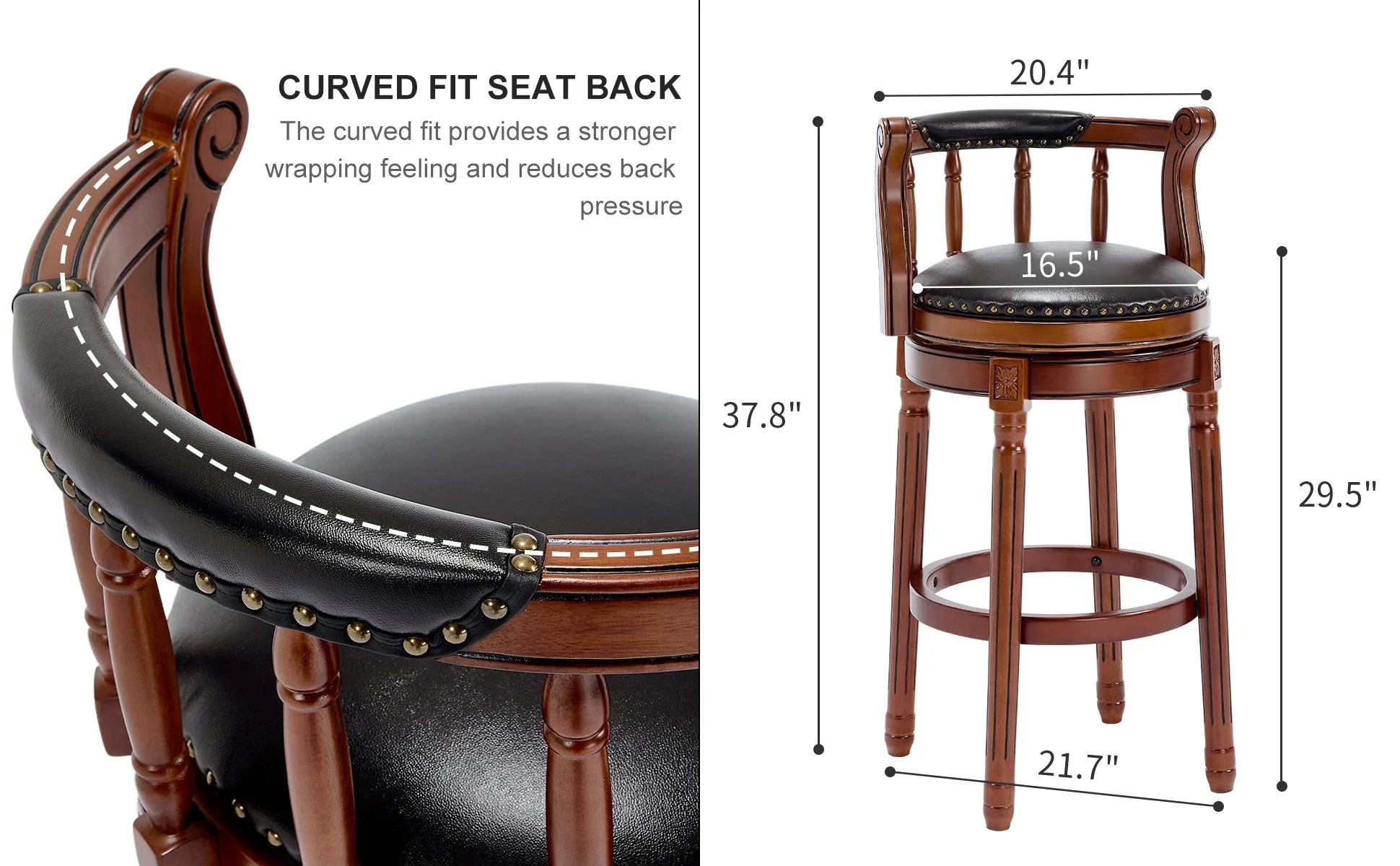 Bar Stools 360° Swivel with Backs Bar Counter Height - Cow Top Leather Wooden - Image 20