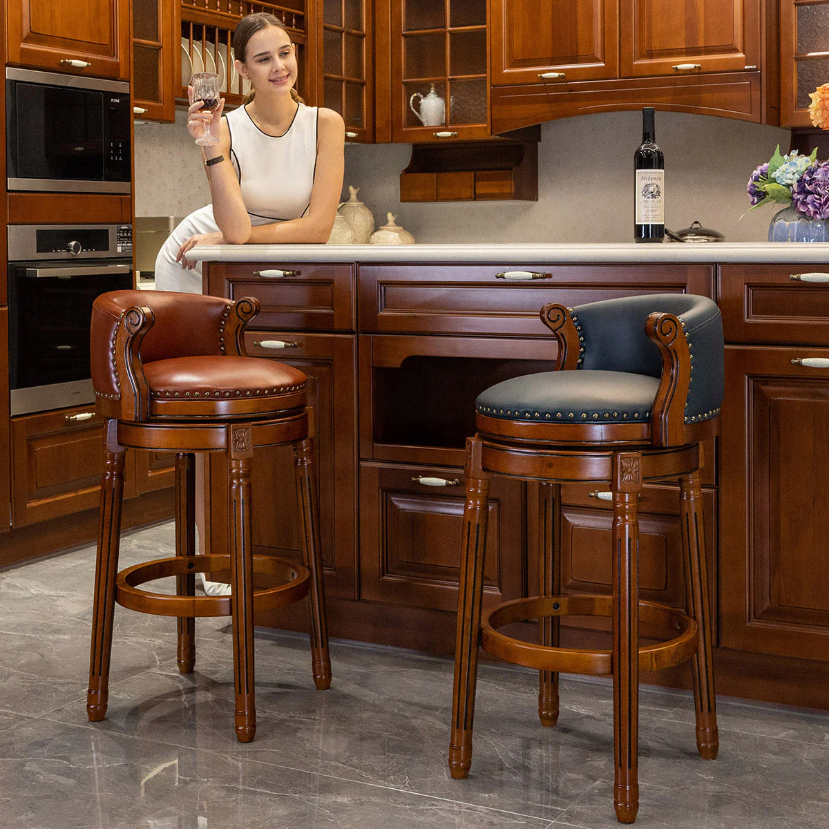 Bar Stools 360° Swivel With Backs Counter/Bar Height - Cow Leather, Wood - Image 5