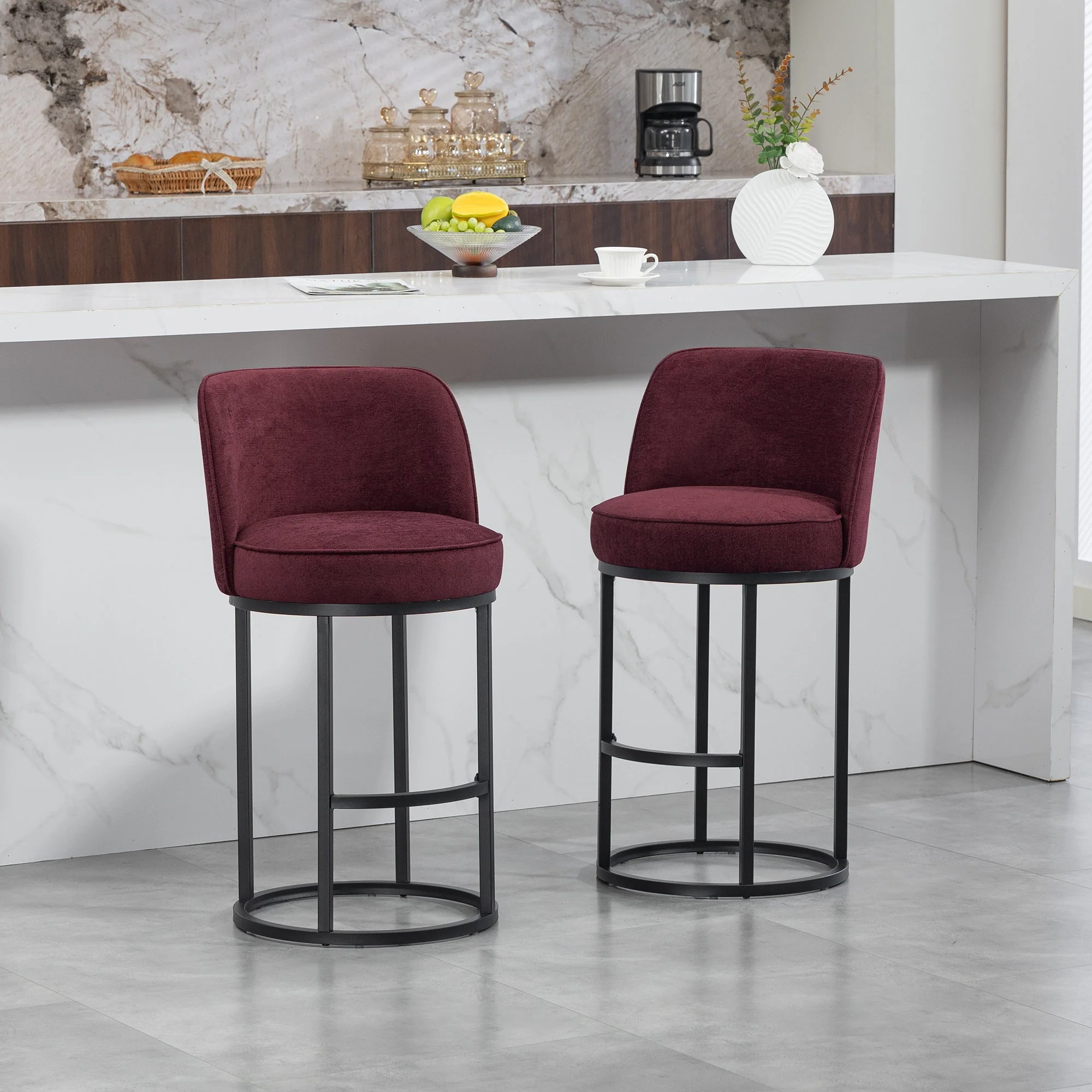 Bar Stools Duo Set with Ergonomic Backrest and Metal Legs, Linen Upholstery - Image 9