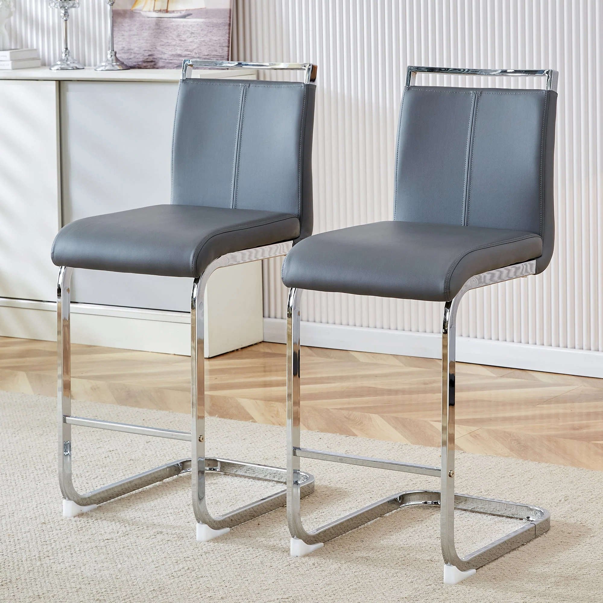 Bar Stools, Nordic Style, Set of 2 (Grey PU) - Image 2