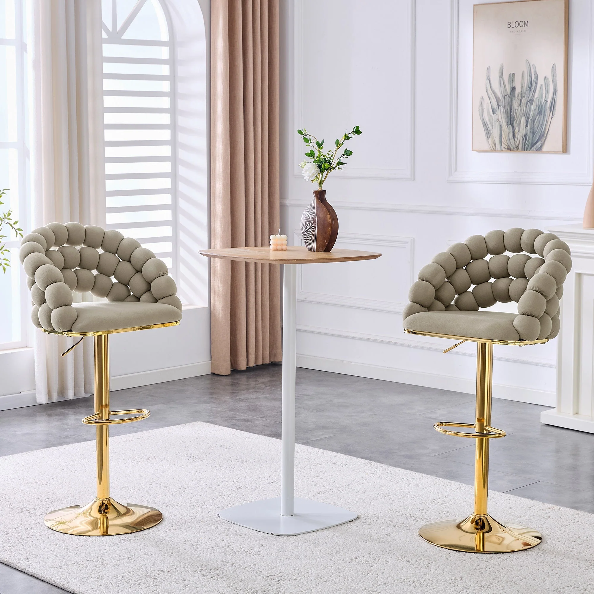 Bar Stools Set of 2 Ball Chain Backrest Adjustable Height Grey Velvet - Image 2