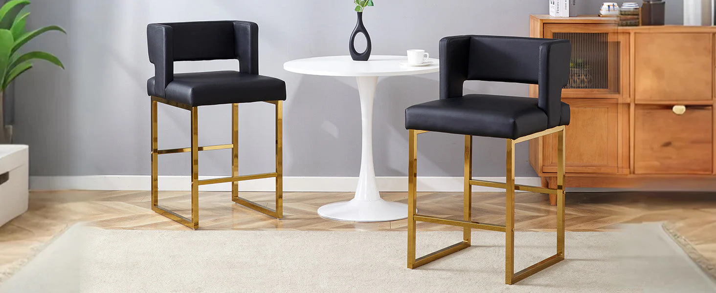 Bar Stools Set of 2 Nordic Square Gold Metal Legs - Black - Image 10