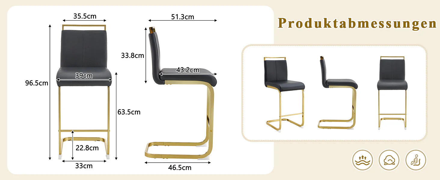 Bar Stools Set of 2 Nordic Style Gold Metal Legs - Black Faux Leather - Image 8
