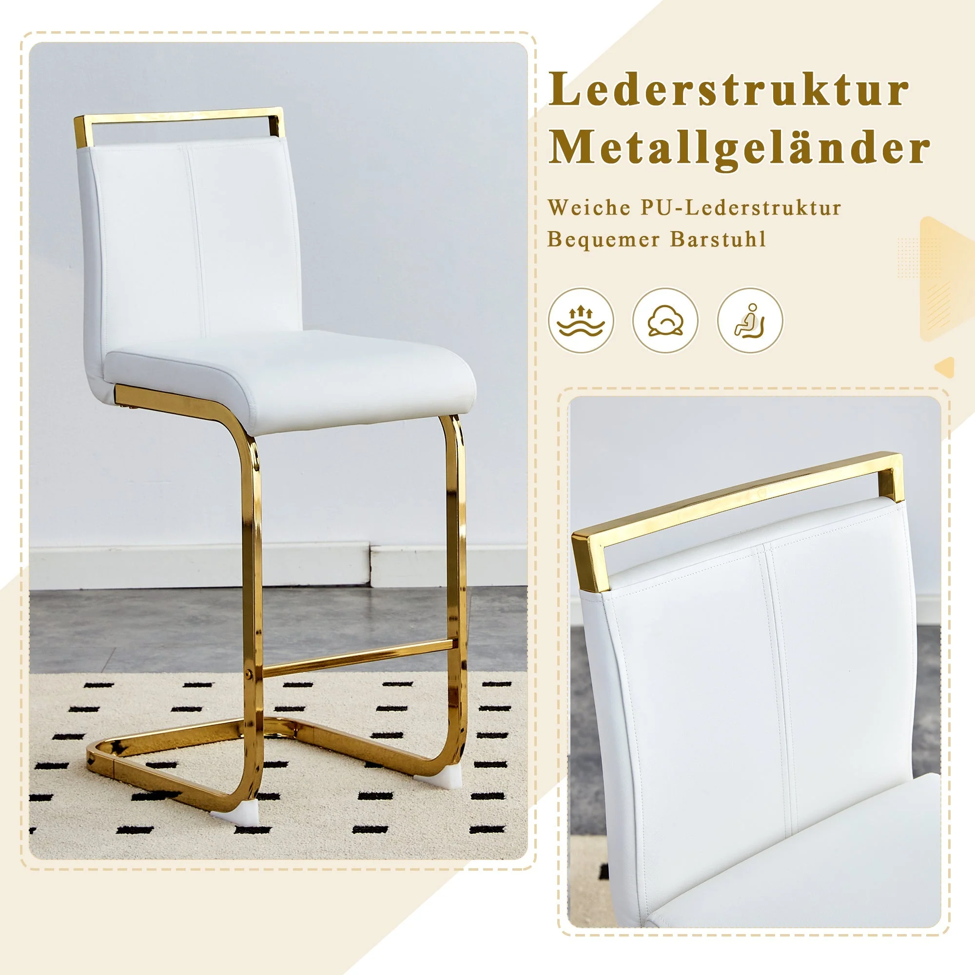 Bar Stools Set of 2 Nordic Style Gold Metal Legs - White Faux Leather - Image 6