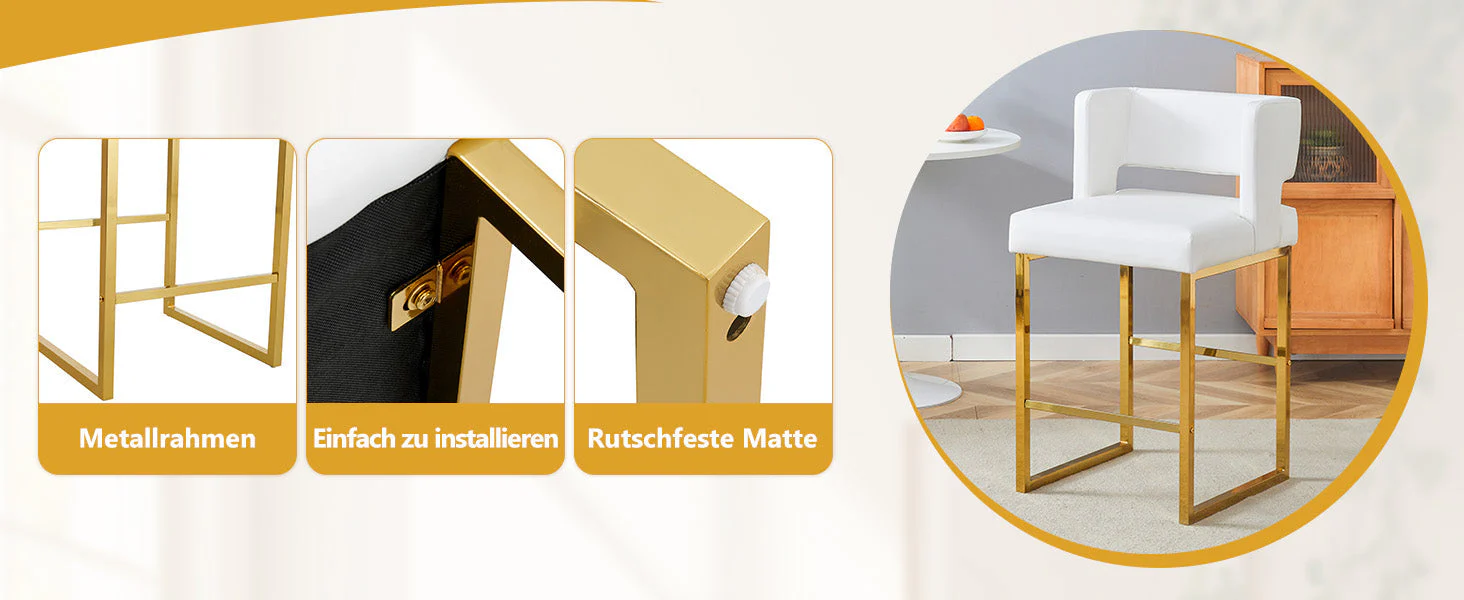 Bar Stools Set of 2 Nordic Style Square Gold Metal Legs - Image 10