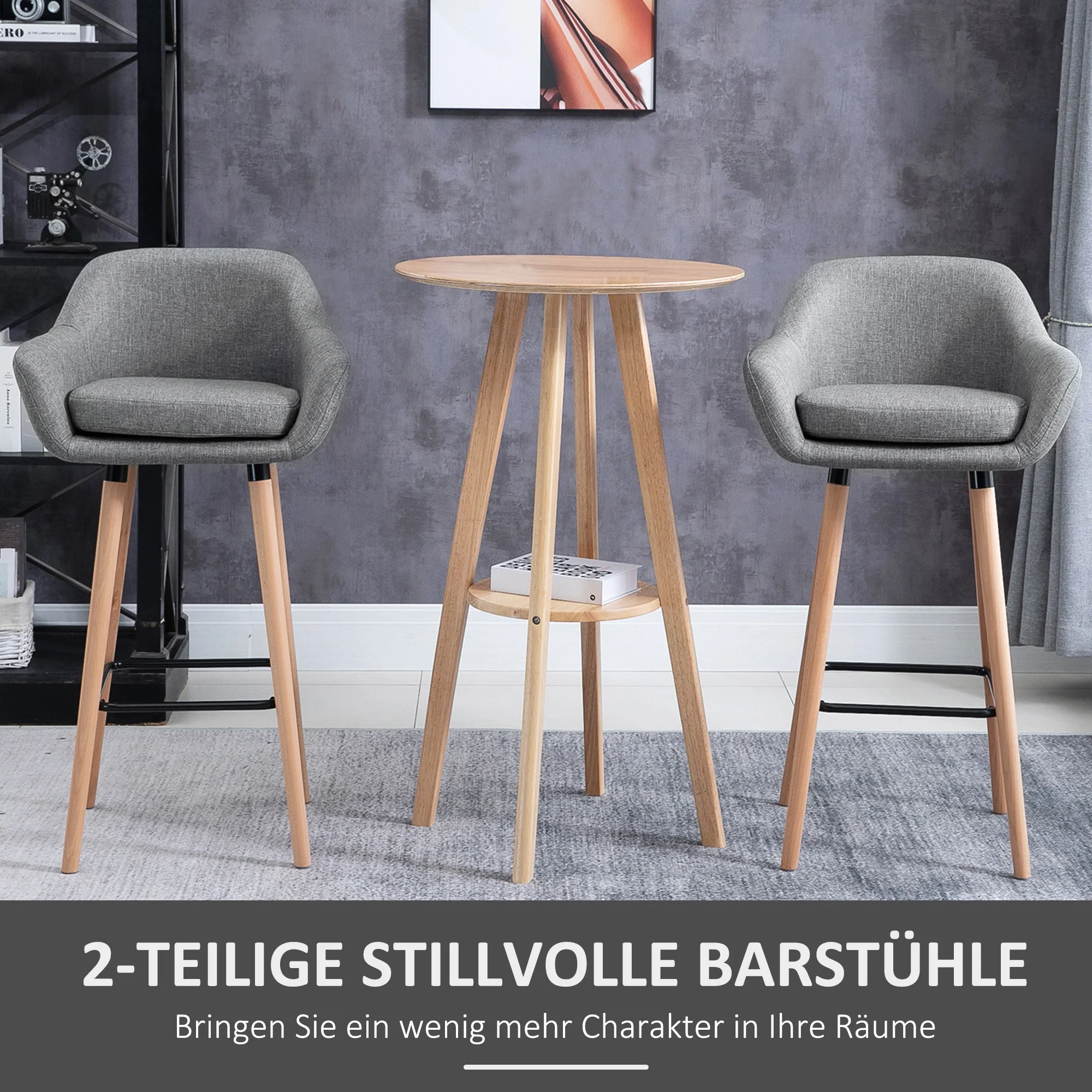 Bar Stools, Set of 2, Seat Cushion, Footrests, Grey Linen - Image 4