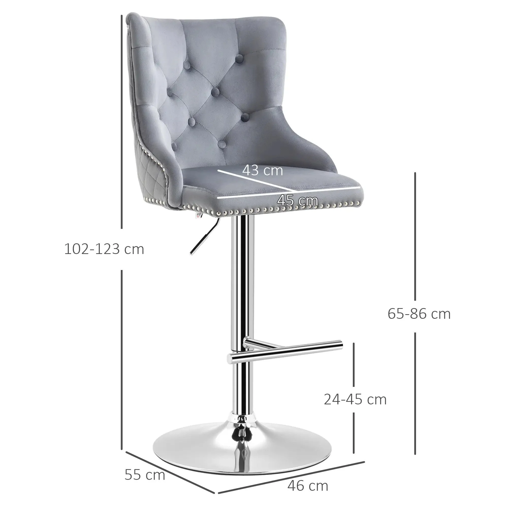 Bar Stools, Set of 2 Swivel Height-Adjustable with Footrest, Light Grey Velvet Look - Image 3