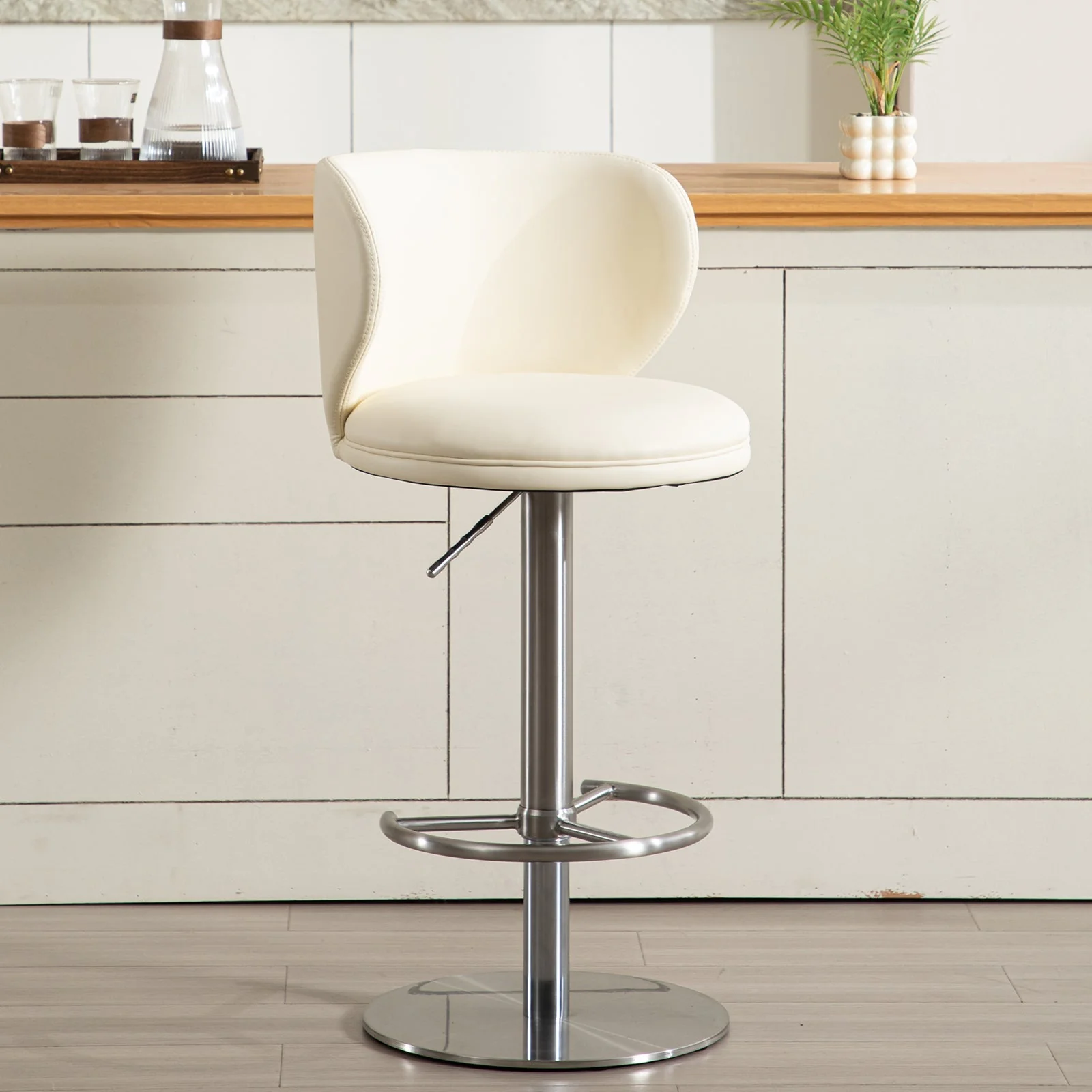Bar Stools Swivel Adjustable Height Backrest Black Leather and Steel - Image 2