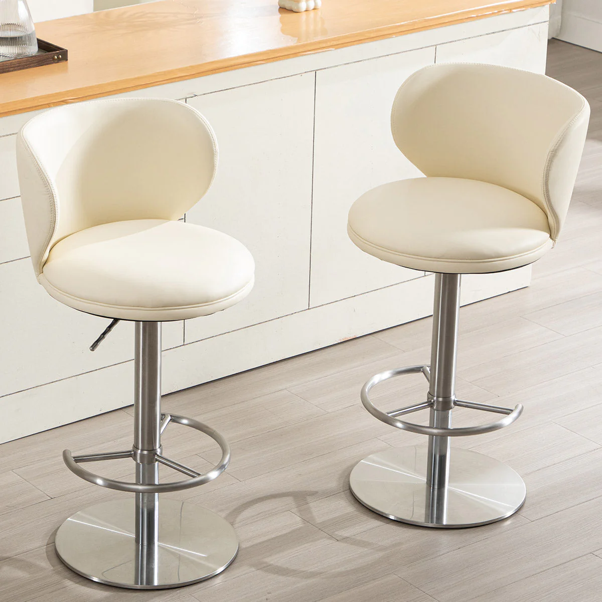 Bar Stools Swivel Adjustable Height Backrest Black Leather and Steel - Image 9