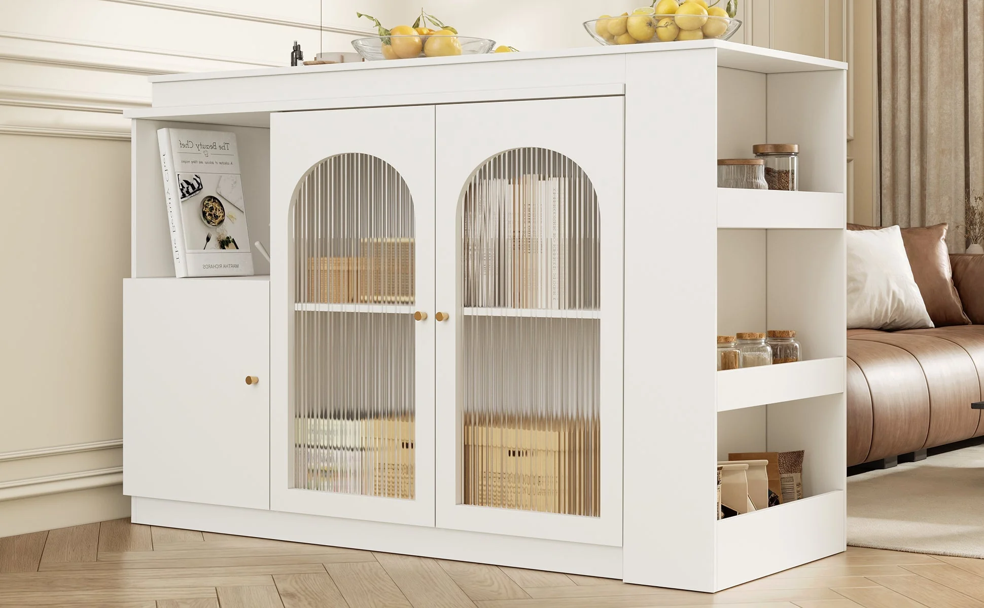 Bar Table, 360° Rotating Dining Cabinet with Glass Door, White - Image 3