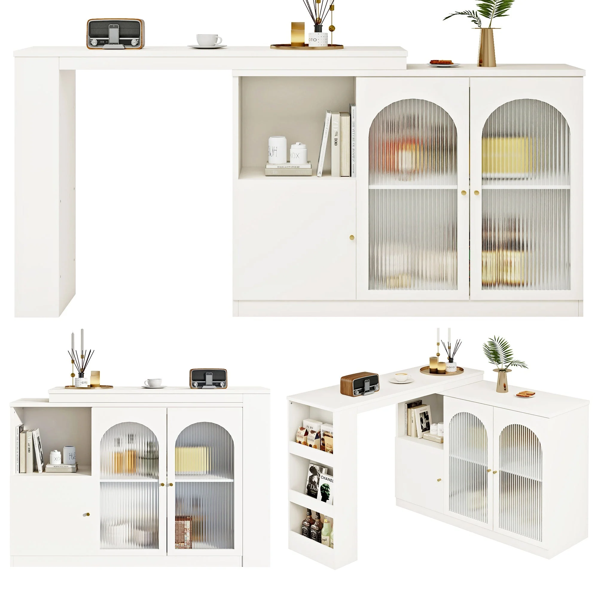 Bar Table, 360° Rotating Dining Cabinet with Glass Door, White - Image 6