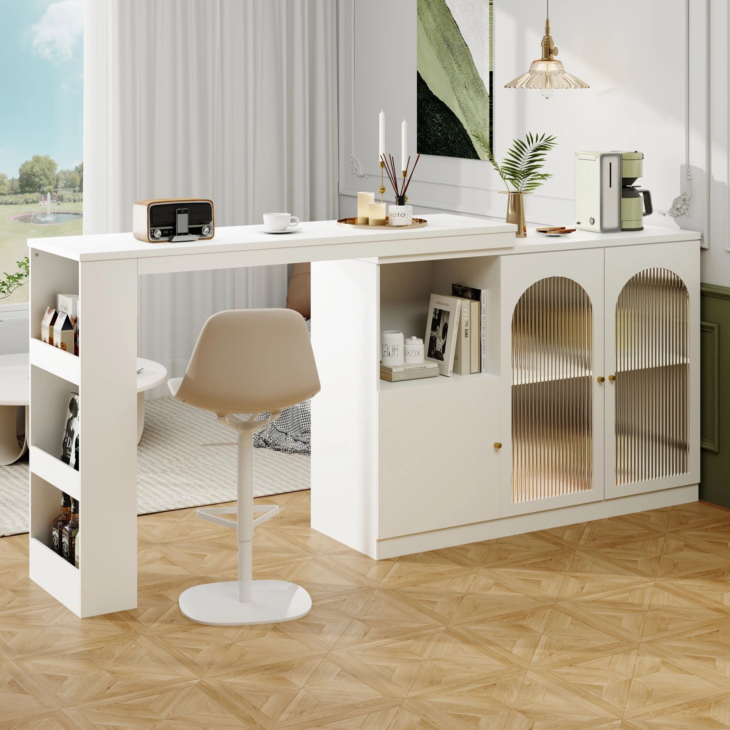 Bar Table, 360° Rotating Dining Cabinet with Glass Door, White - Image 8
