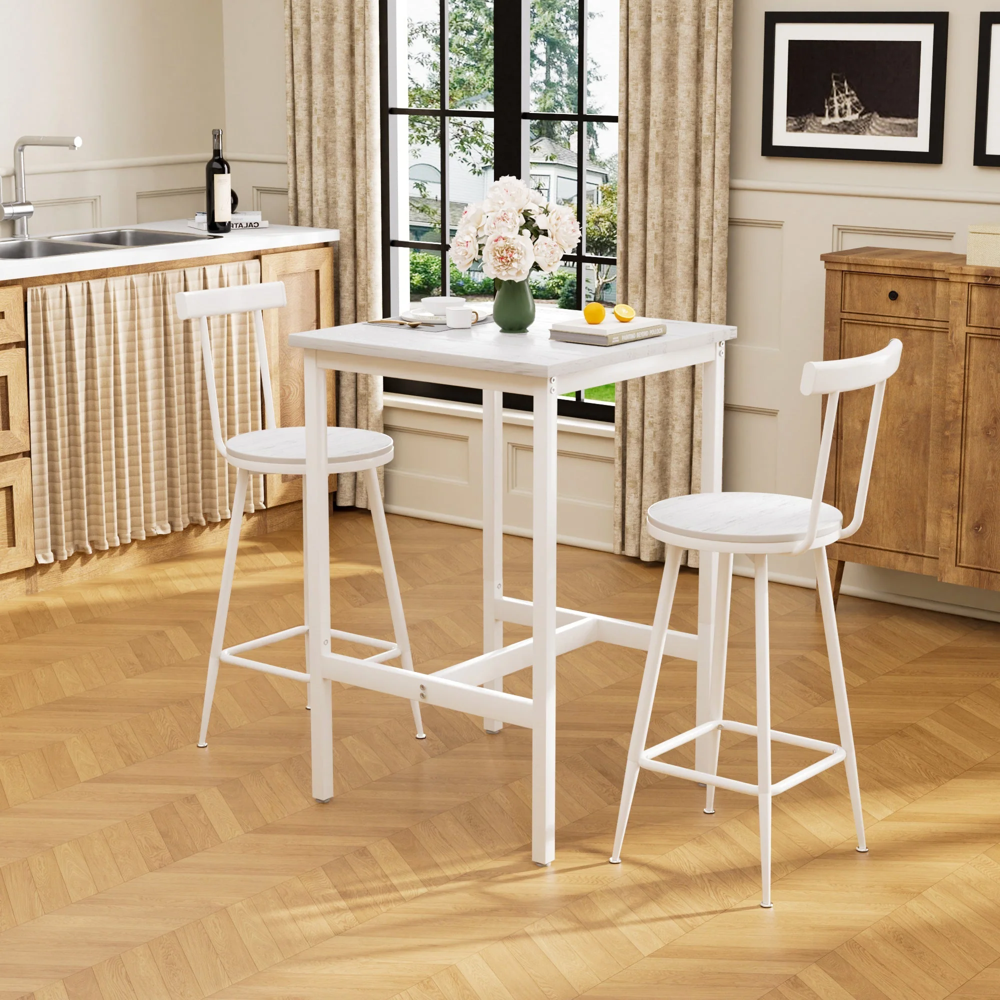 Bar Table and 2 Stools Set Industrial Style Metal Frame - White - Image 2