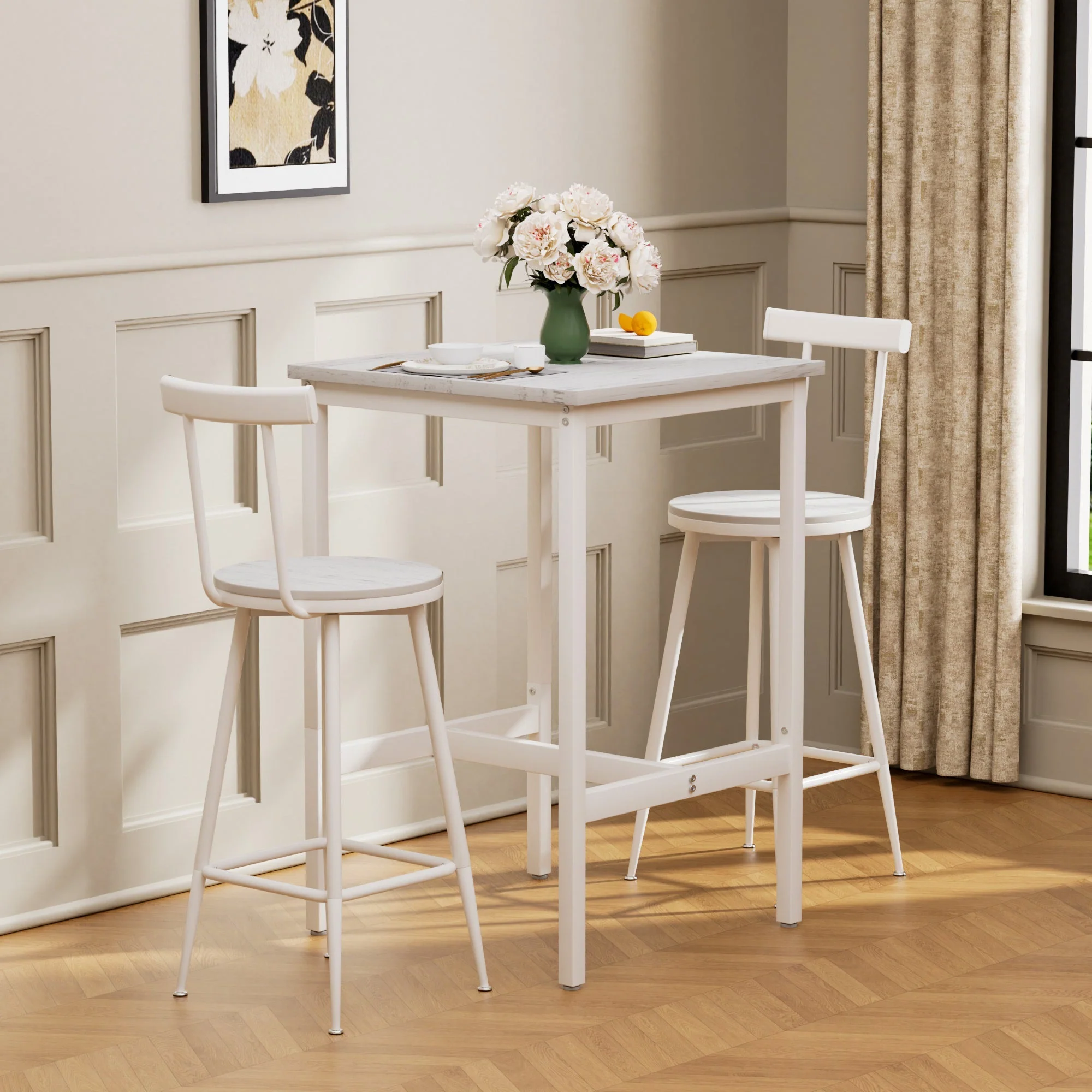 Bar Table and 2 Stools Set Industrial Style Metal Frame - White - Image 3