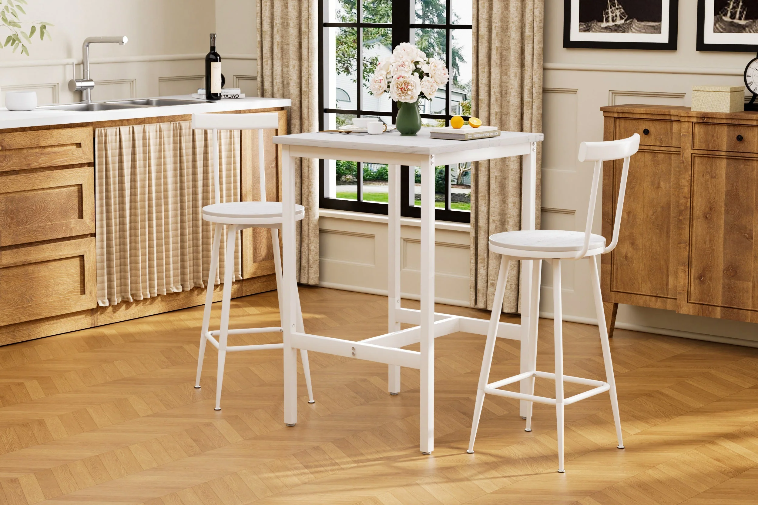 Bar Table and 2 Stools Set Industrial Style Metal Frame - White - Image 4