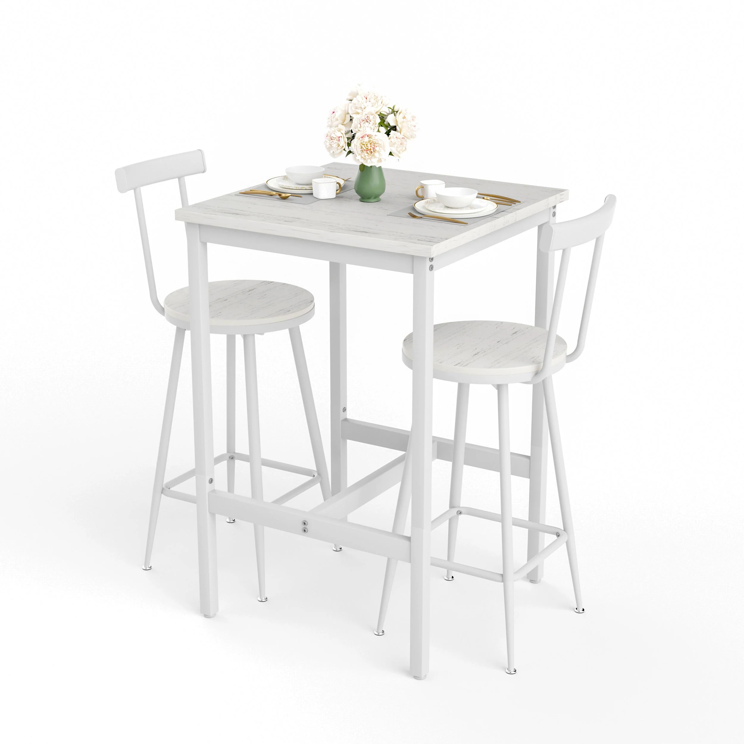Bar Table and 2 Stools Set Industrial Style Metal Frame - White - Image 6