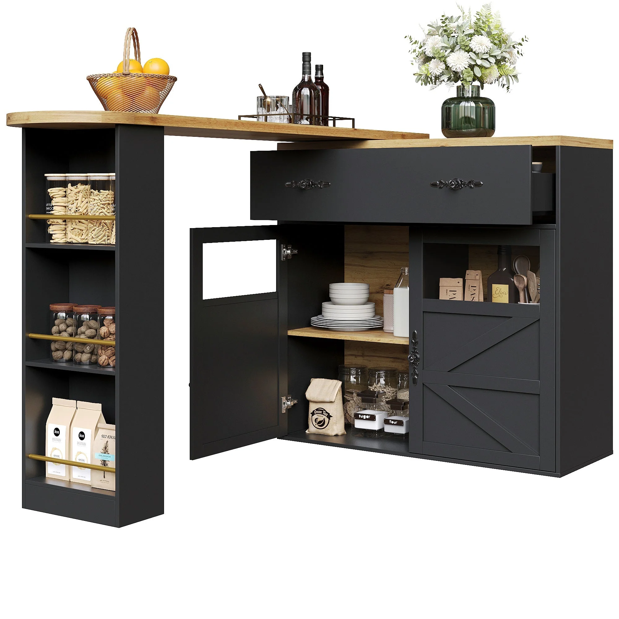 Bar Table Extendable 360° Rotating Storage Sideboard - Black - Image 8
