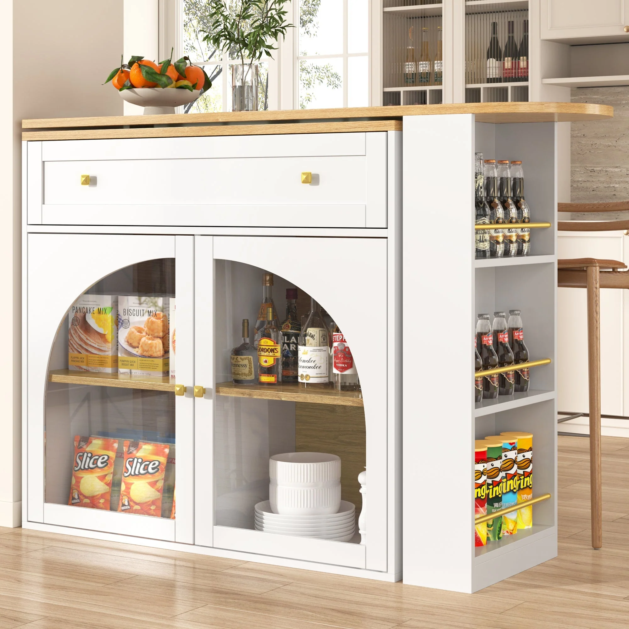 Bar Table Extendable 360° Rotating Storage with Shelves & Glass - White - Image 4