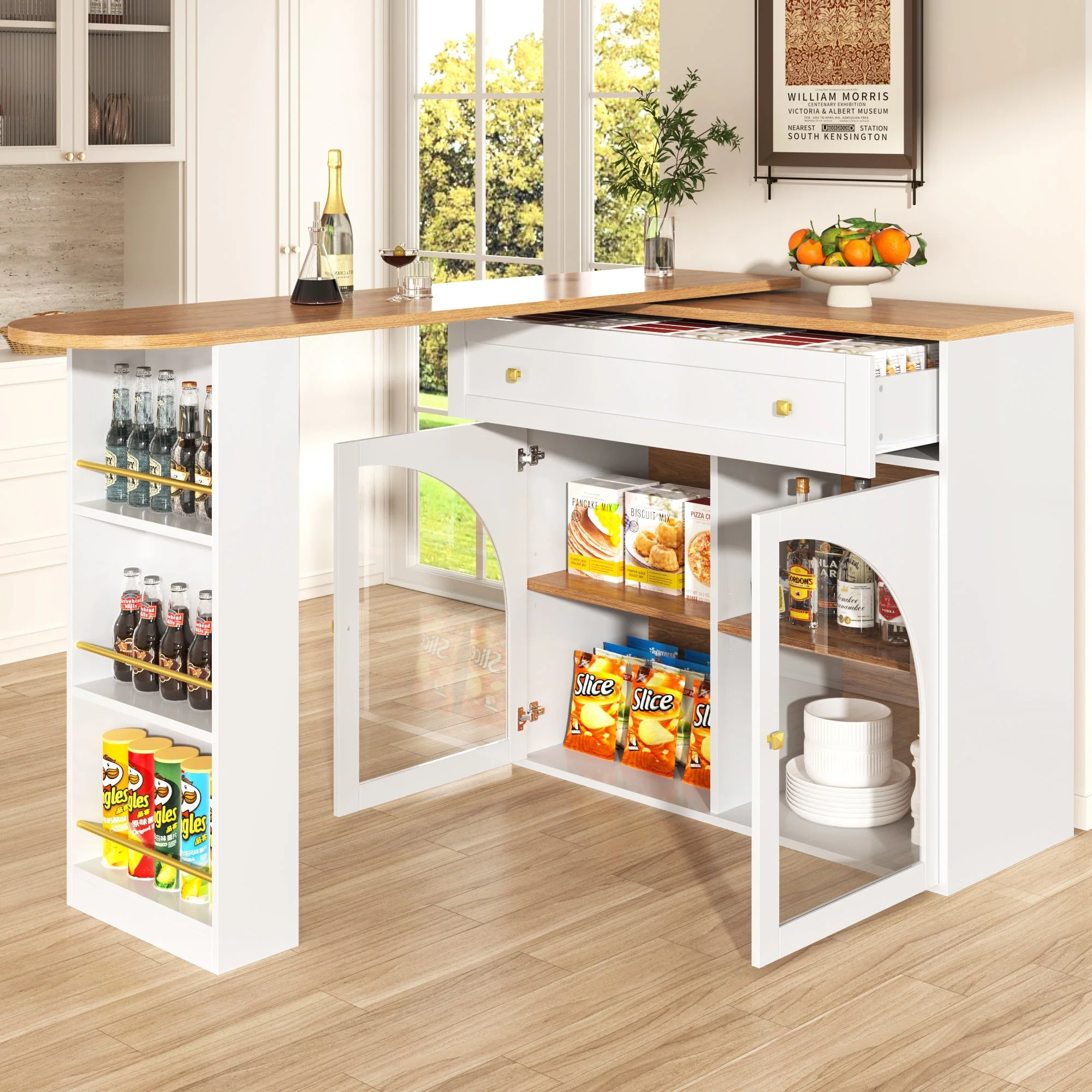 Bar Table Extendable 360° Rotating Storage with Shelves & Glass - White - Image 5