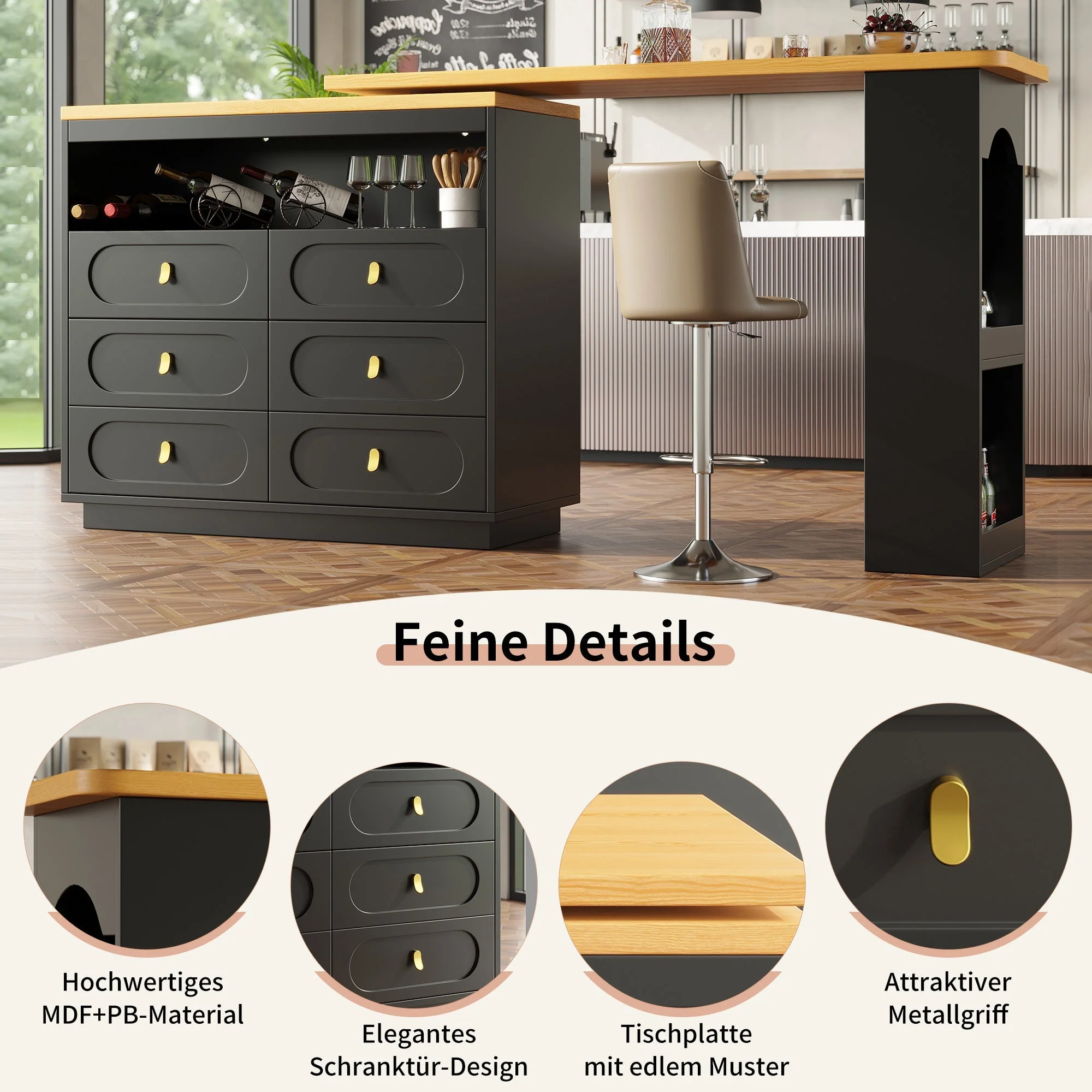 Bar Table Extendable 360° Swivel Mobile Storage Drawers - Black - Image 5