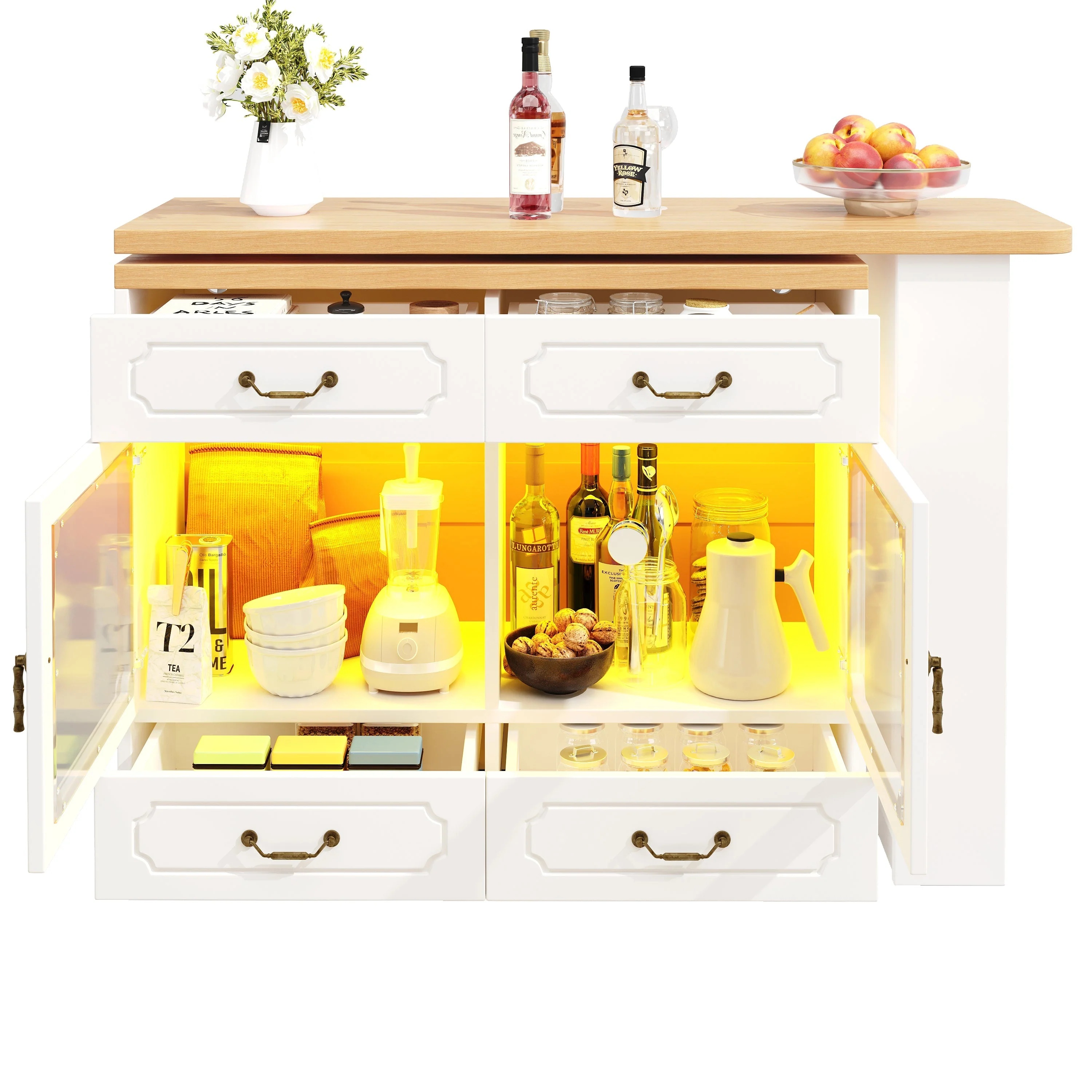 Bar Table Kitchen Island Extendable 360° Rotatable LED Storage White - Image 10