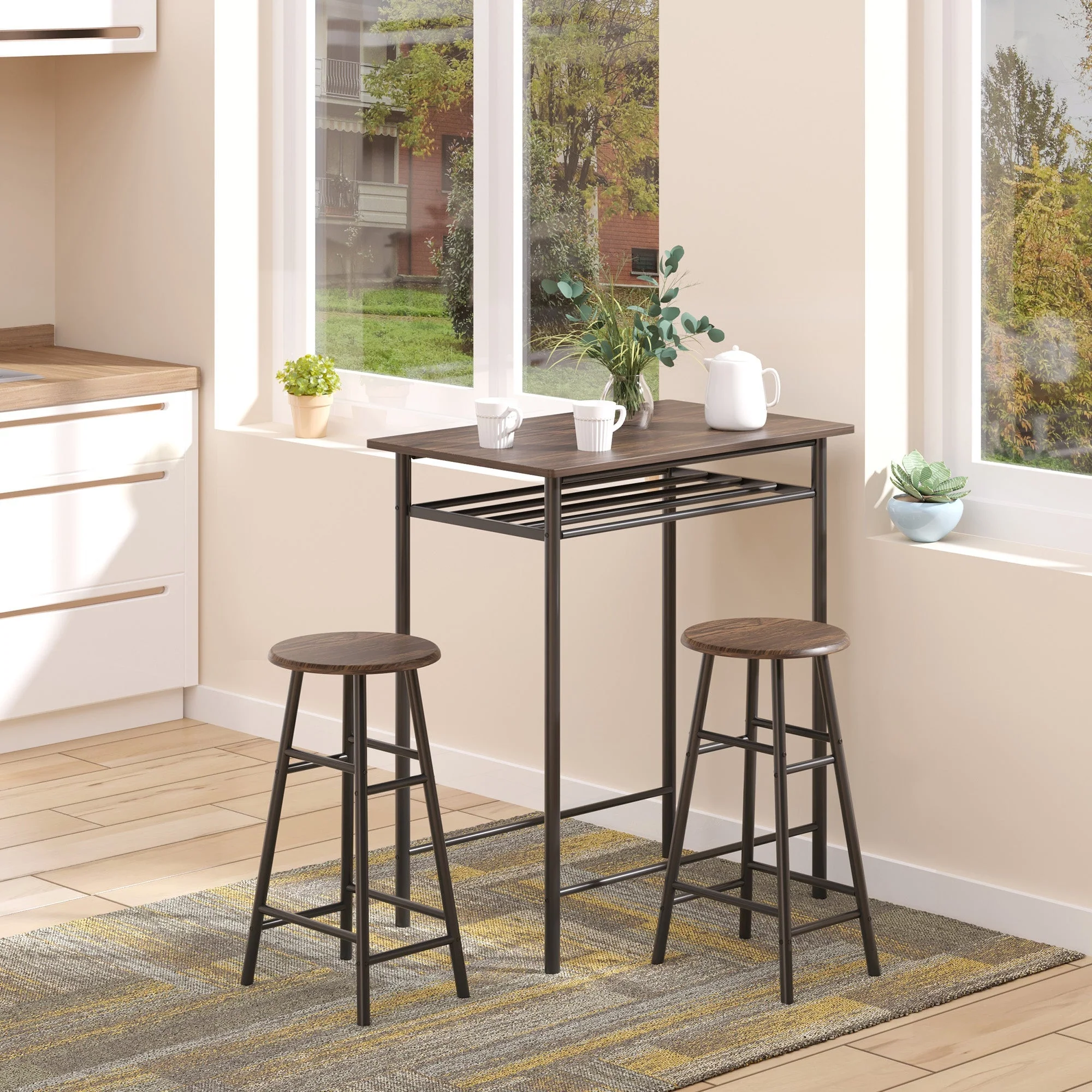 Bar Table Set, 3-Piece Dining Table with 2 Bar Stools, Storage Shelf, Metal Black