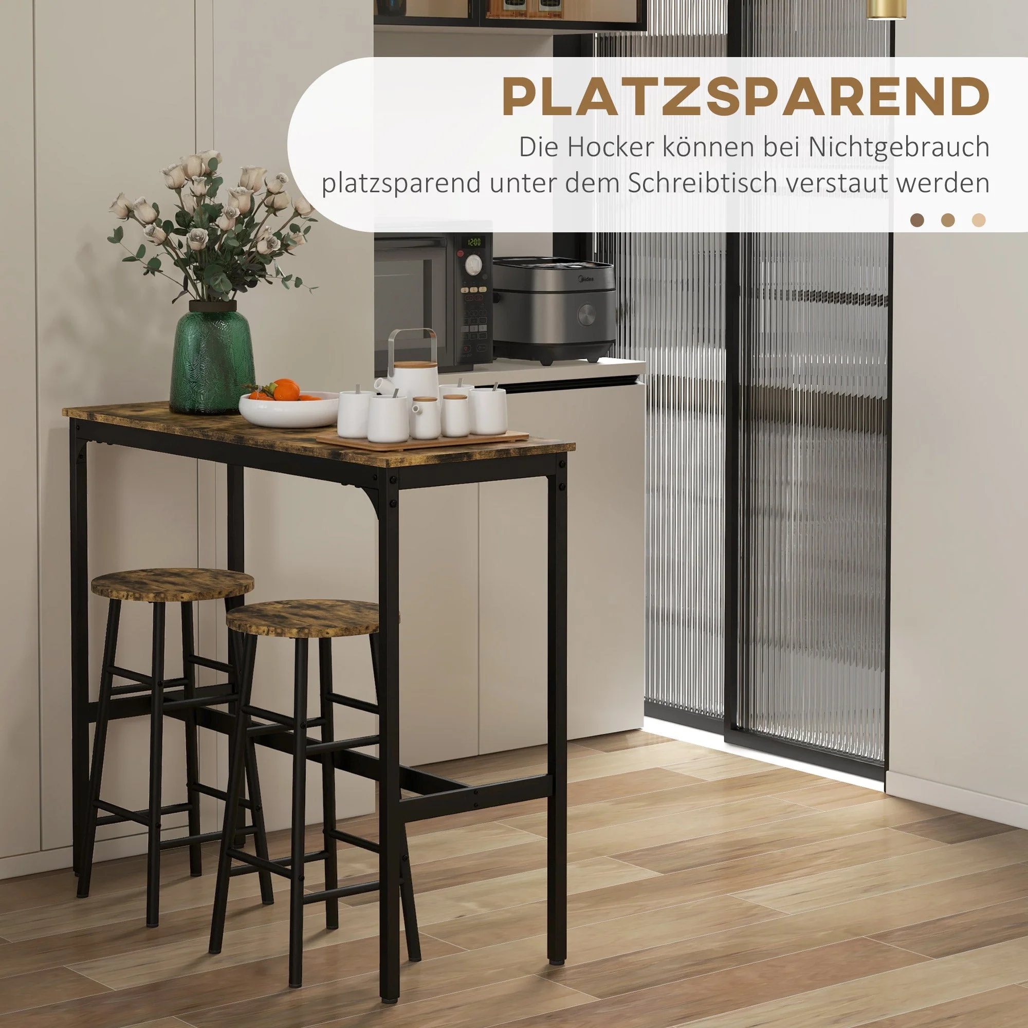Bar Table Set, 3-Piece with 2 Bar Stools, Steel, Rustic Brown - Image 5