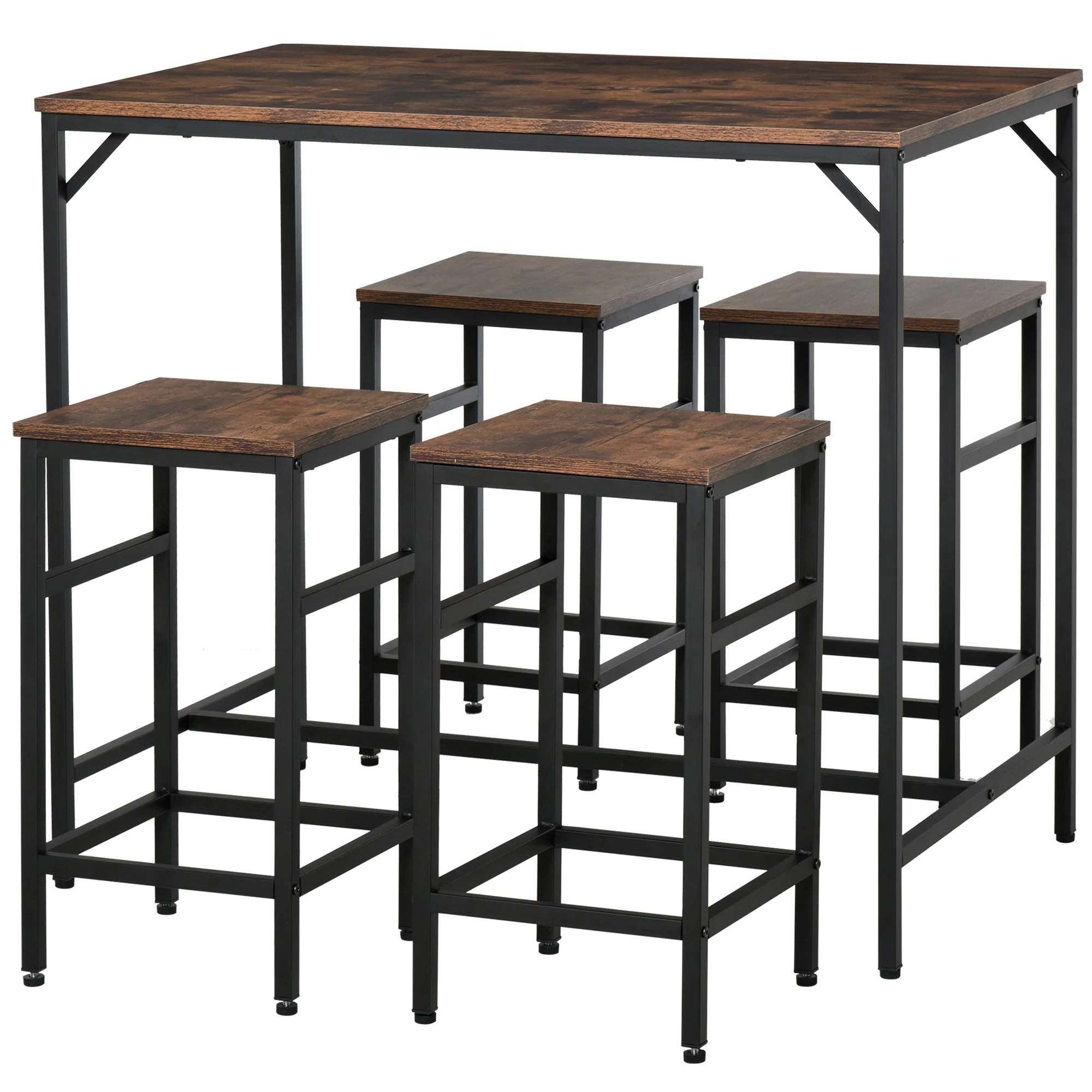 Bar Table Set, 5-Piece Standing Table with 4 Stools, Rustic Brown/Black Chipboard/Steel - Image 2