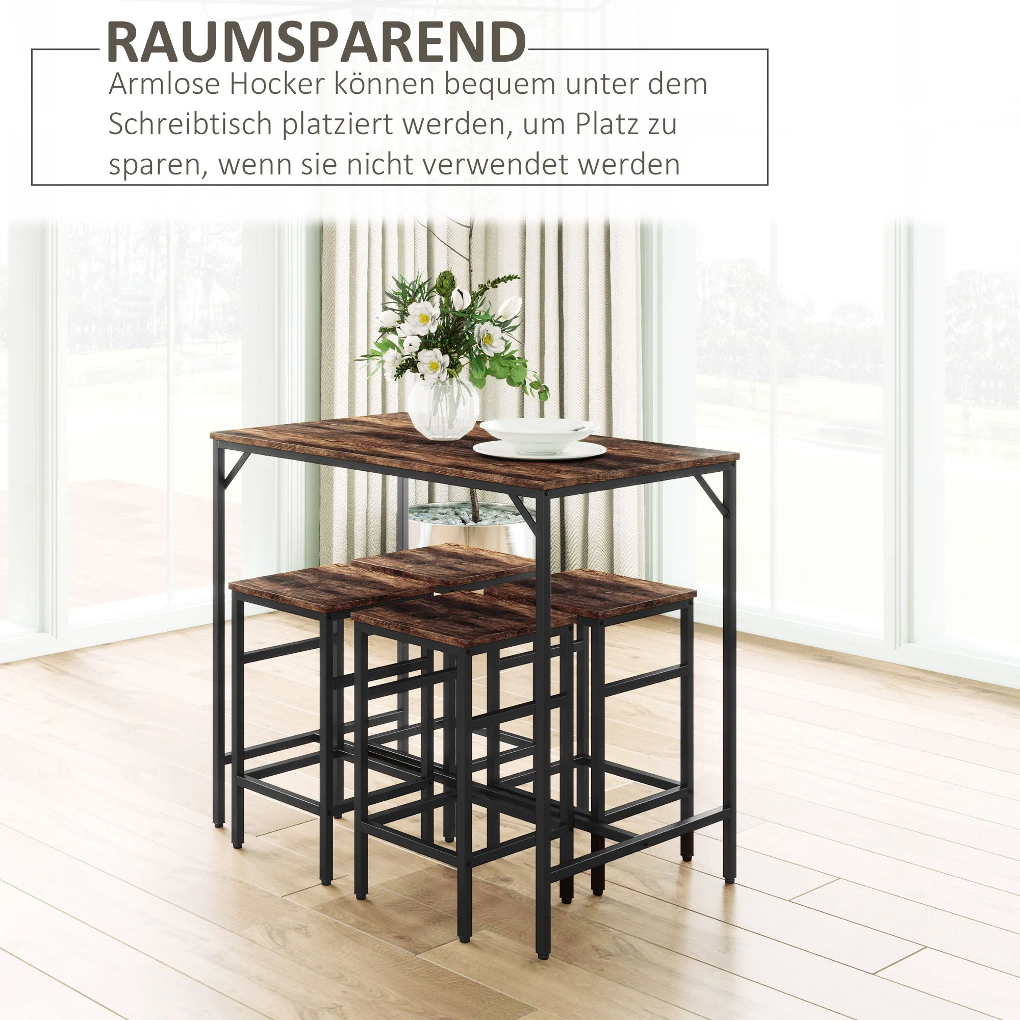 Bar Table Set, 5-Piece Standing Table with 4 Stools, Rustic Brown/Black Chipboard/Steel - Image 4