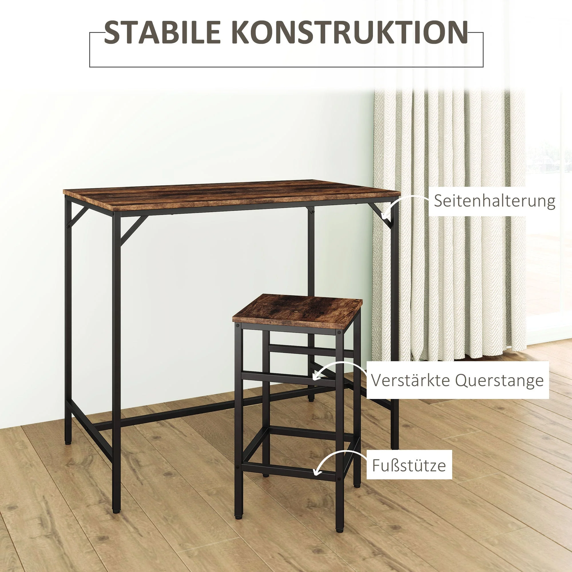 Bar Table Set, 5-Piece Standing Table with 4 Stools, Rustic Brown/Black Chipboard/Steel - Image 5