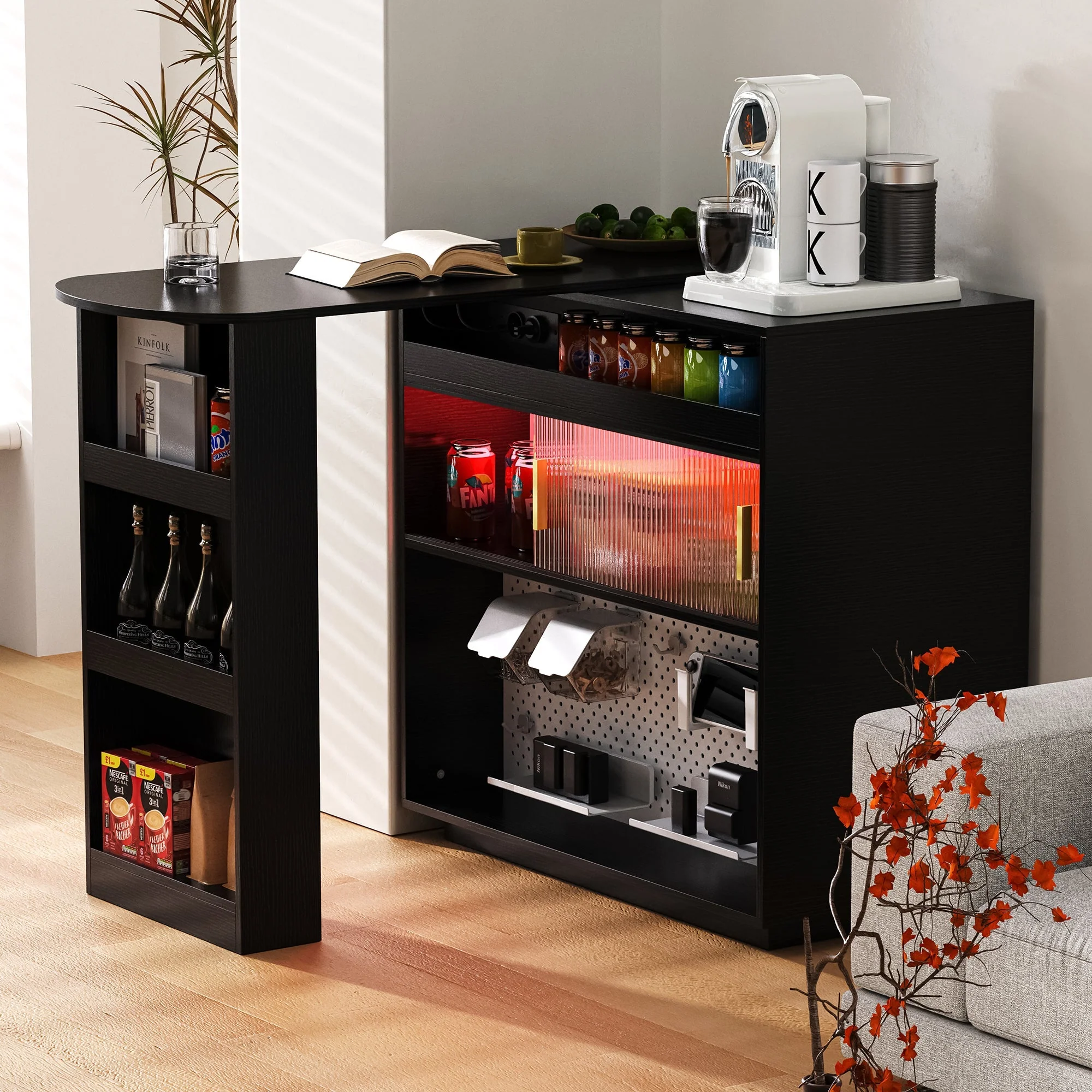 Bar Table Sideboard Extendable 360° Rotating with LED Lighting Sockets Black - Image 2
