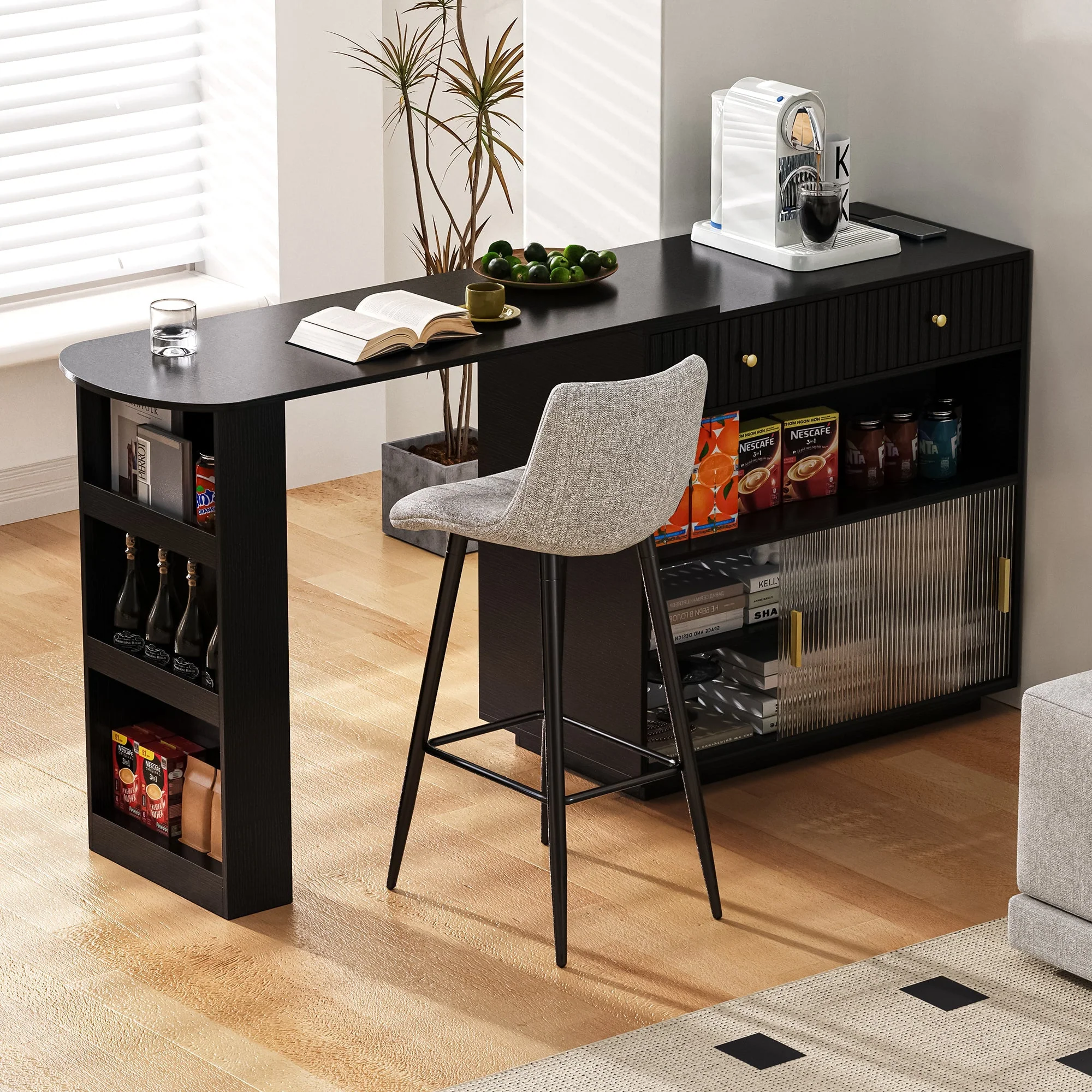 Bar Table Sideboard Extendable 360° Rotating with LED Lighting Sockets Black - Image 3