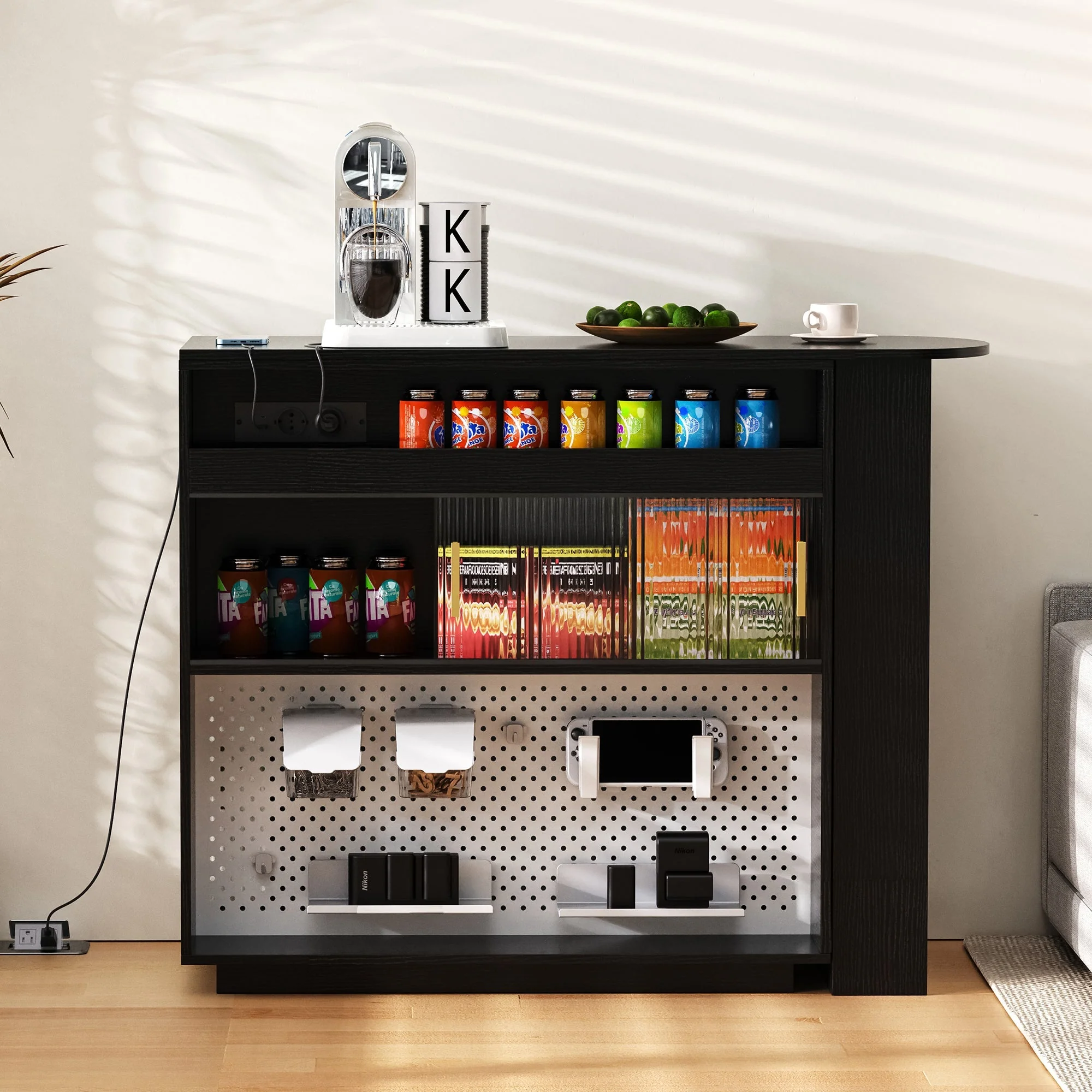 Bar Table Sideboard Extendable 360° Rotating with LED Lighting Sockets Black - Image 4