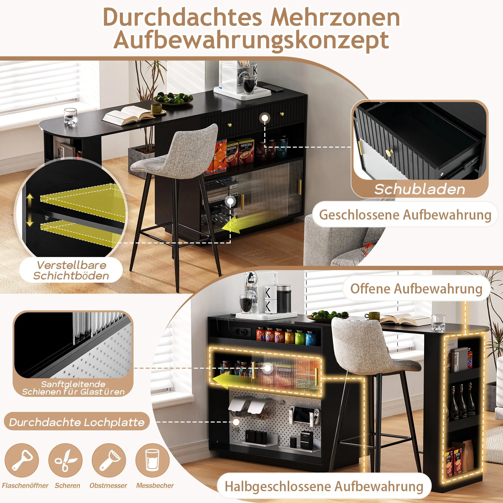 Bar Table Sideboard Extendable 360° Rotating with LED Lighting Sockets Black - Image 6
