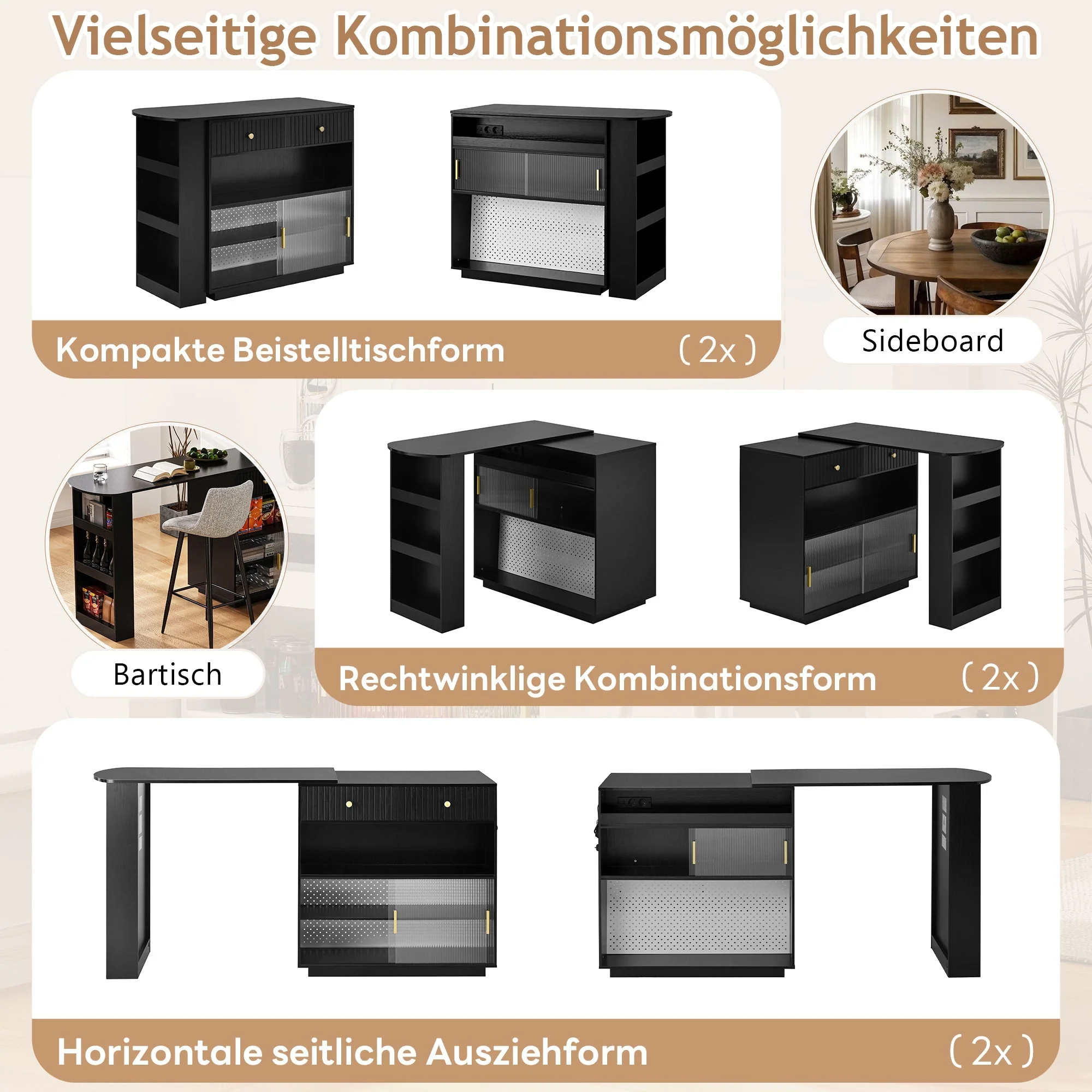Bar Table Sideboard Extendable 360° Rotating with LED Lighting Sockets Black - Image 7