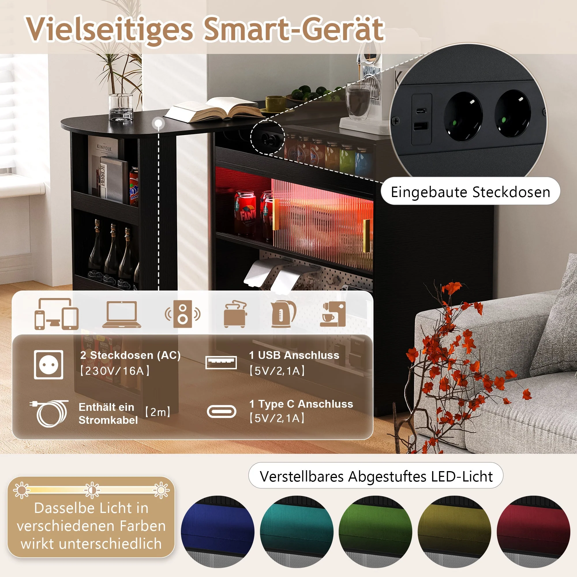 Bar Table Sideboard Extendable 360° Rotating with LED Lighting Sockets Black - Image 8