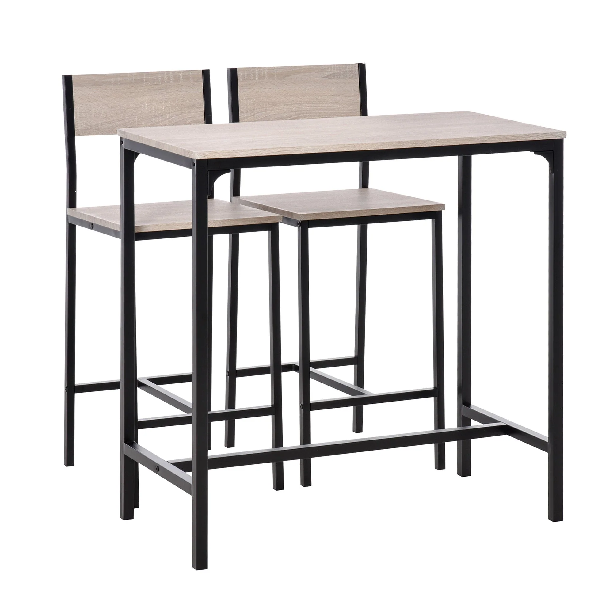 Bar Table with 2 Chairs, 3-Piece Set, MDF, Natural and Black - Image 2