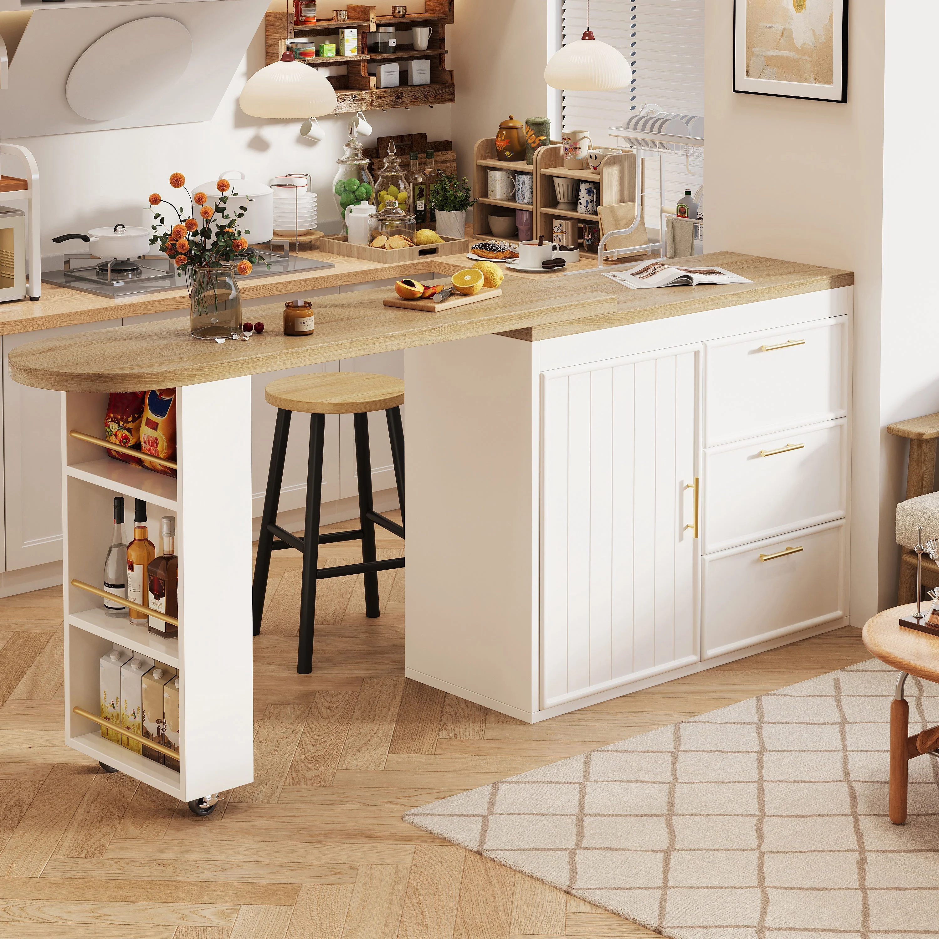 Bar Table with 360° Swivel, 3 Drawers and Storage Shelves, White - Image 3