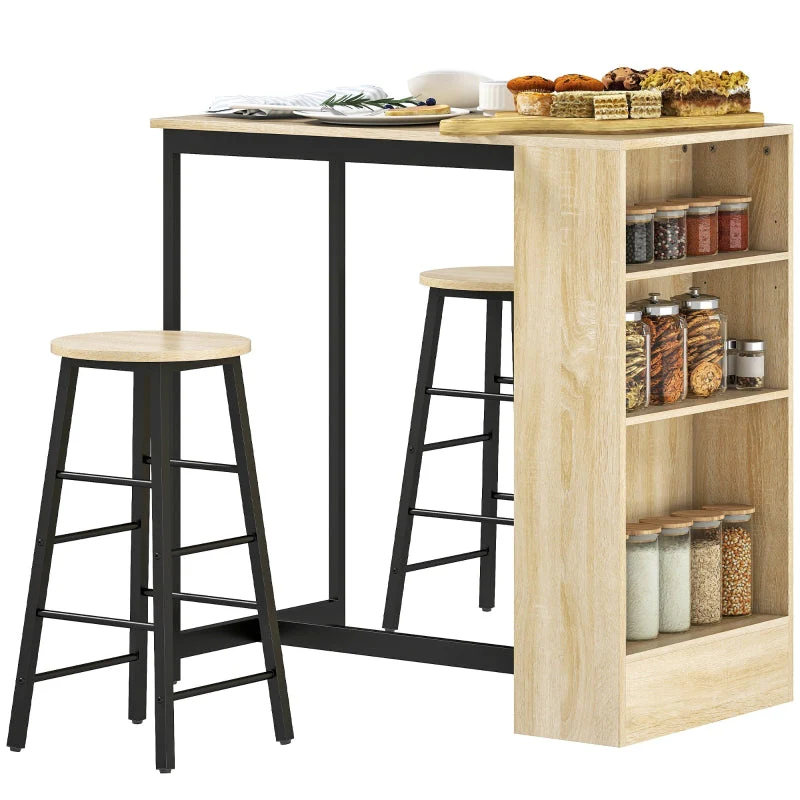 Bar Table with Bar Stool Set, 3-Piece, Storage, 2 Stools, Steel, Oak - Image 3