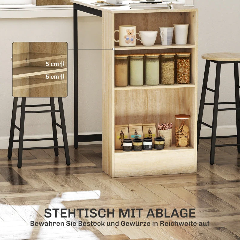 Bar Table with Bar Stool Set, 3-Piece, Storage, 2 Stools, Steel, Oak - Image 5