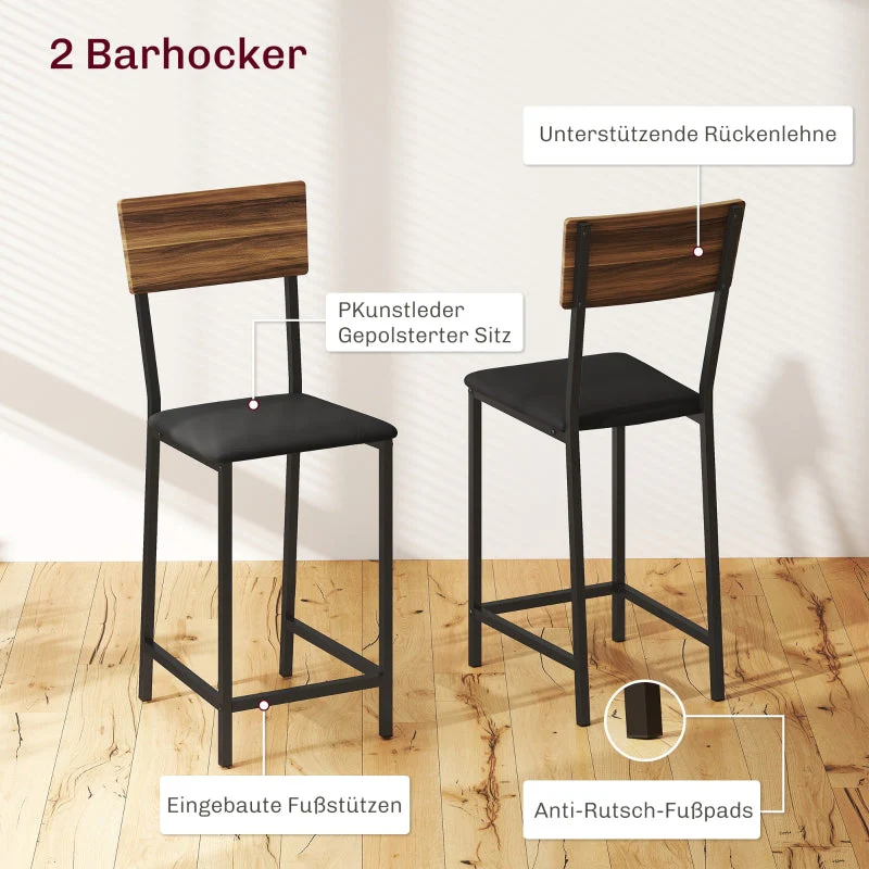 Bar Table with Stool Set, 3-Piece Folding Kitchen Table with Wine Rack, Steel Frame, Brown - Image 6