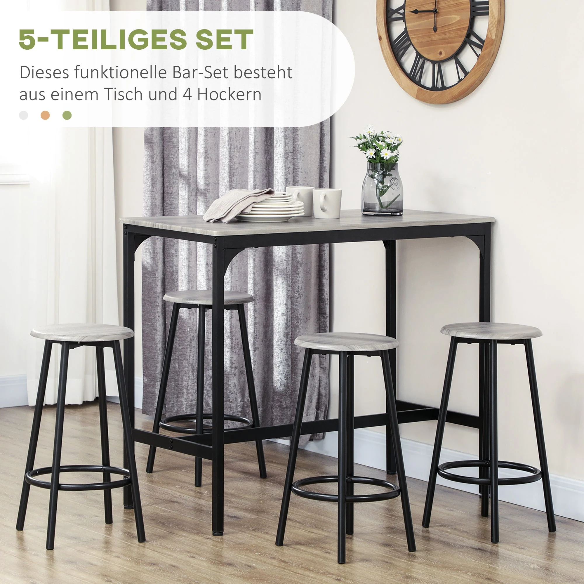 Bar Table with Stool Set, 5-Piece Industrial Design, Metal, Gray - Image 4