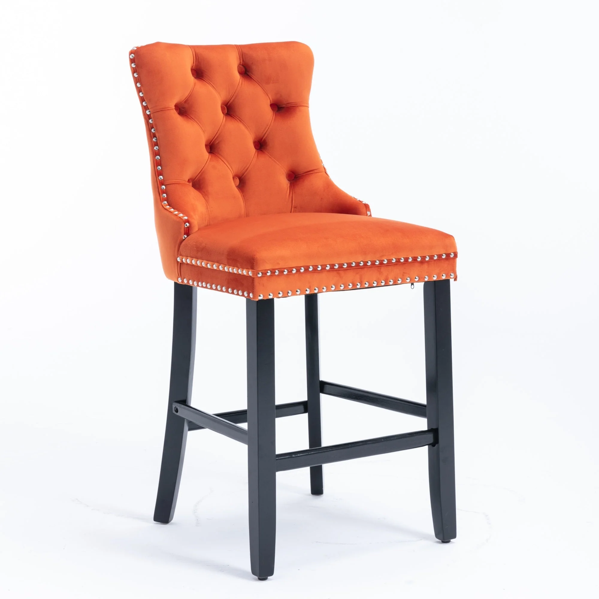 Barstools Set of 2 Button Tufted Velvet Wooden Legs - Orange - Image 3