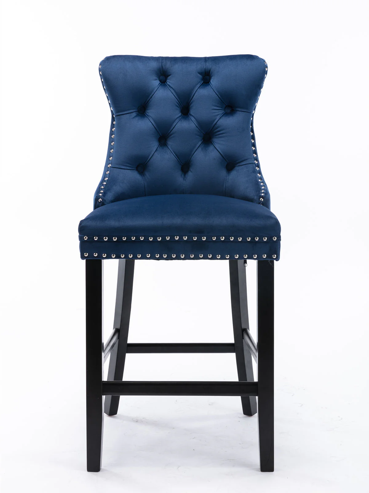 Barstools Set of 2 Velvet Upholstered Button Tufted Wooden Legs - Blue - Image 2