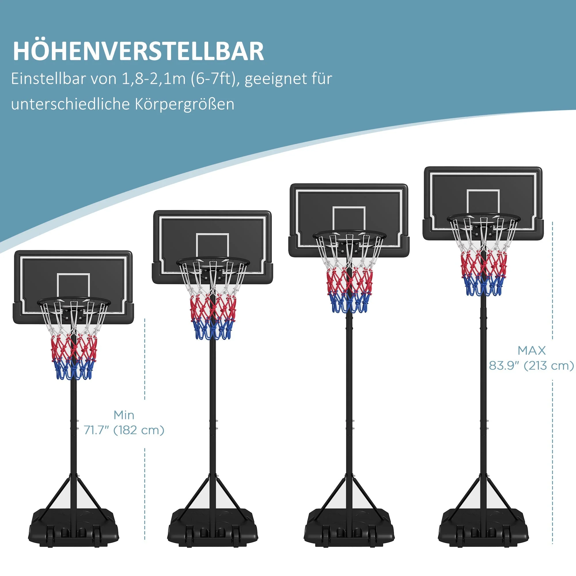Basketball Hoop, Adjustable 220-250cm Wheels Break-Resistant Backboard, with Stand - Image 4