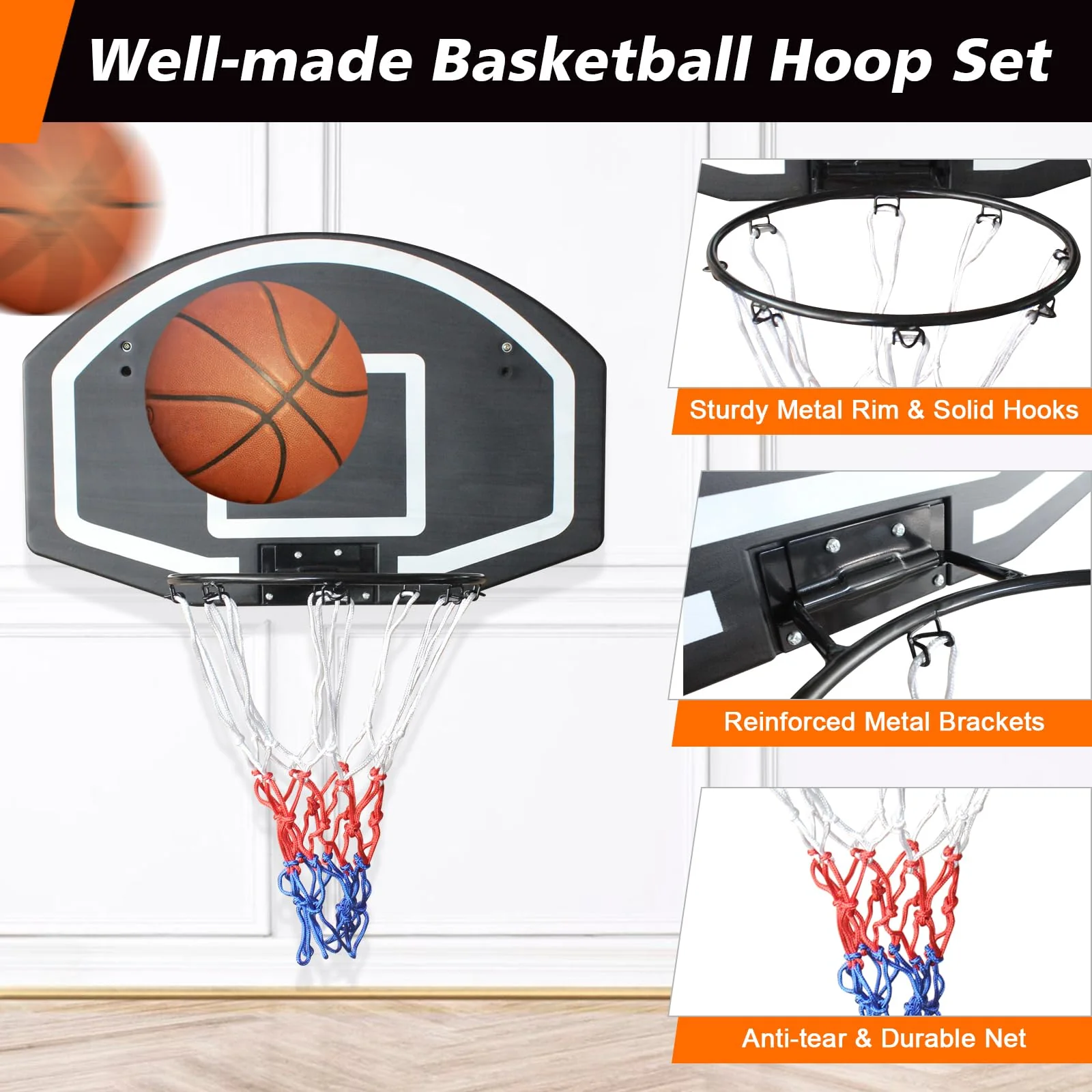 Basketball Hoop Wall/Door Mount Indoor/Outdoor Shatter-Proof Backboard - Black - Image 3