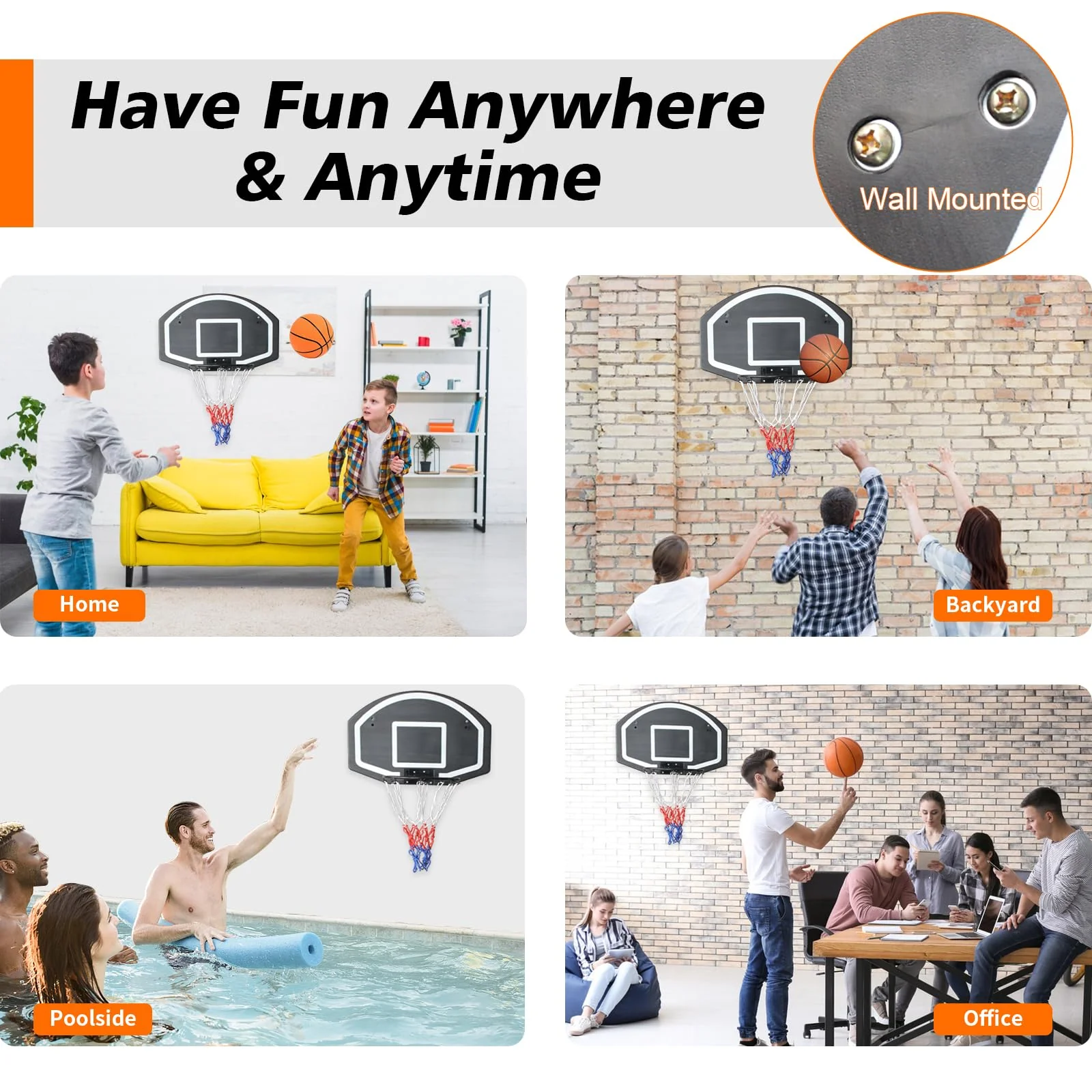 Basketball Hoop Wall/Door Mount Indoor/Outdoor Shatter-Proof Backboard - Black - Image 7