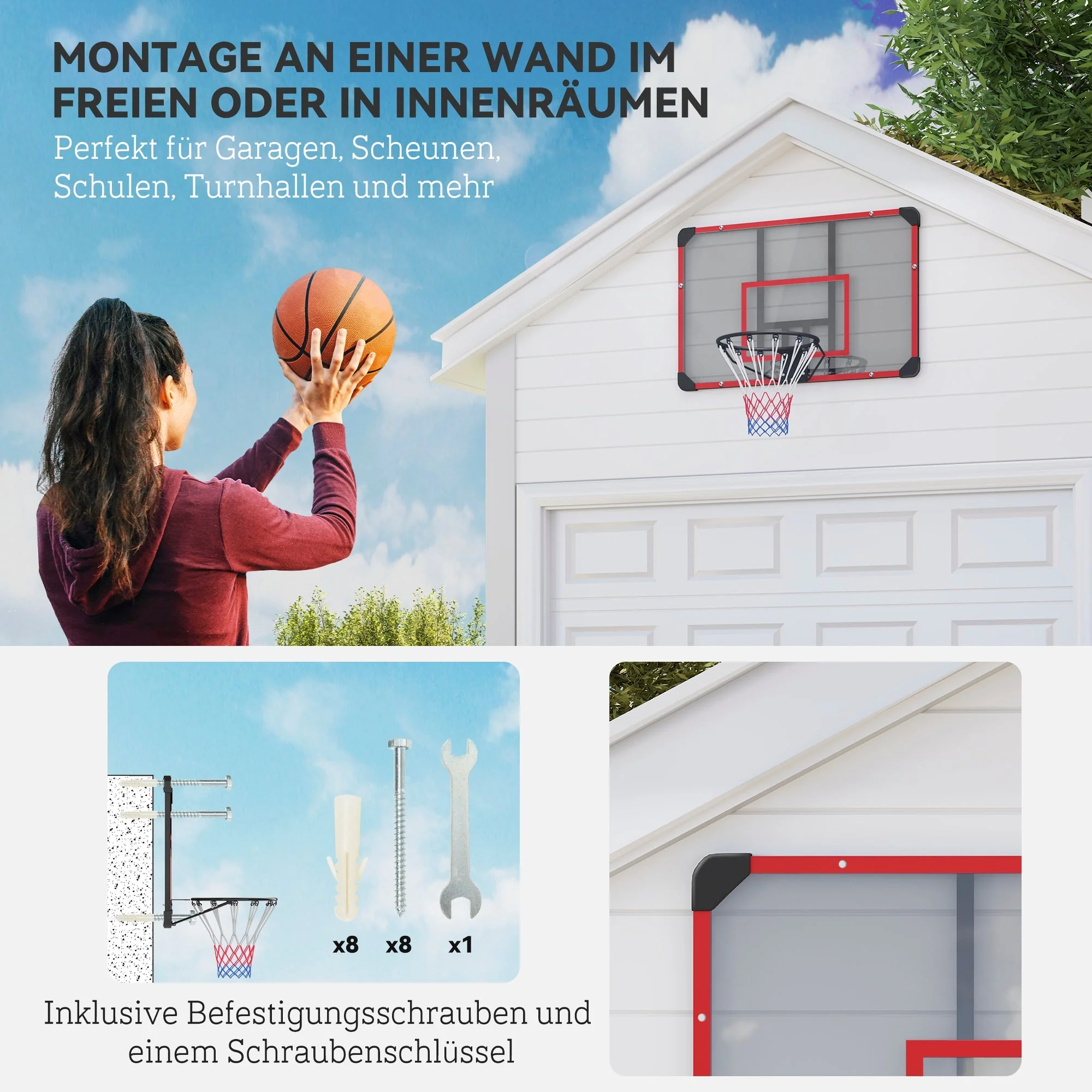 Basketball Hoop, Wall-Mounted Outdoor Backboard, Steel Red - Image 5