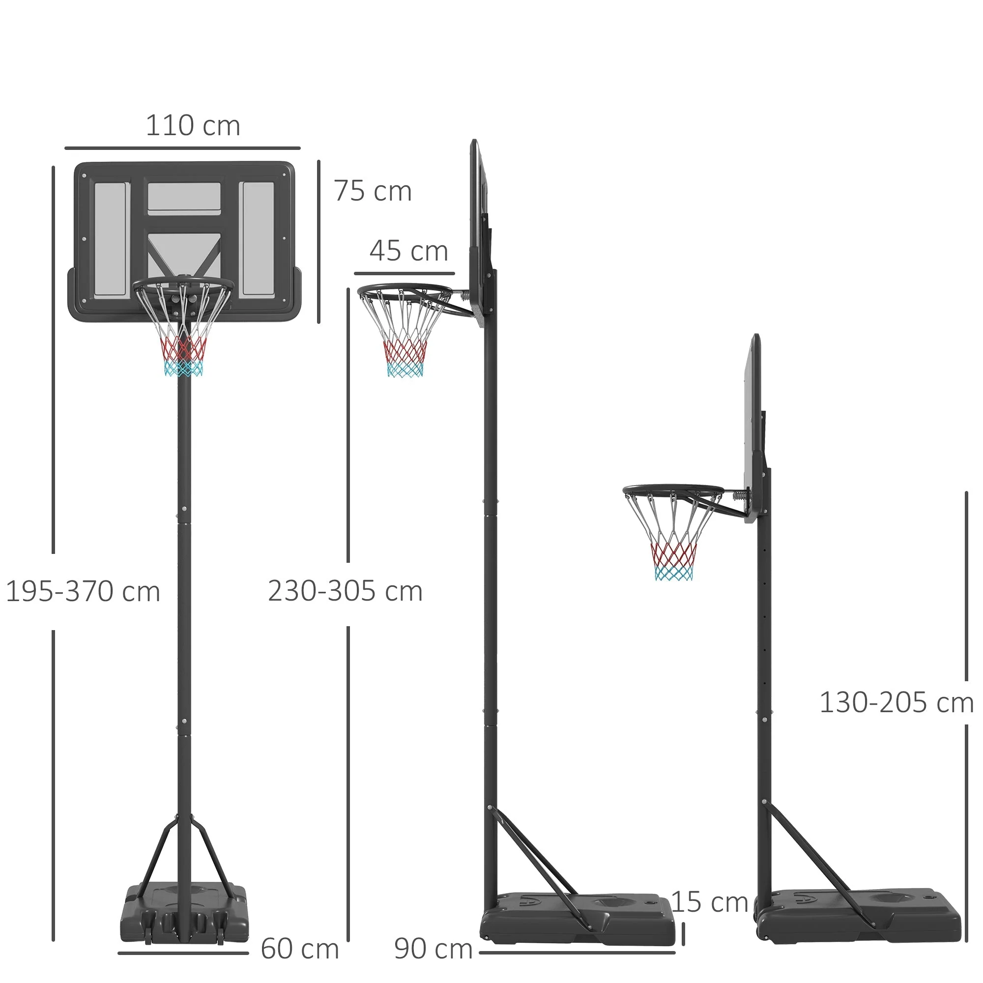 Basketball Stand, Height-Adjustable with Wheels, Steel - Image 3
