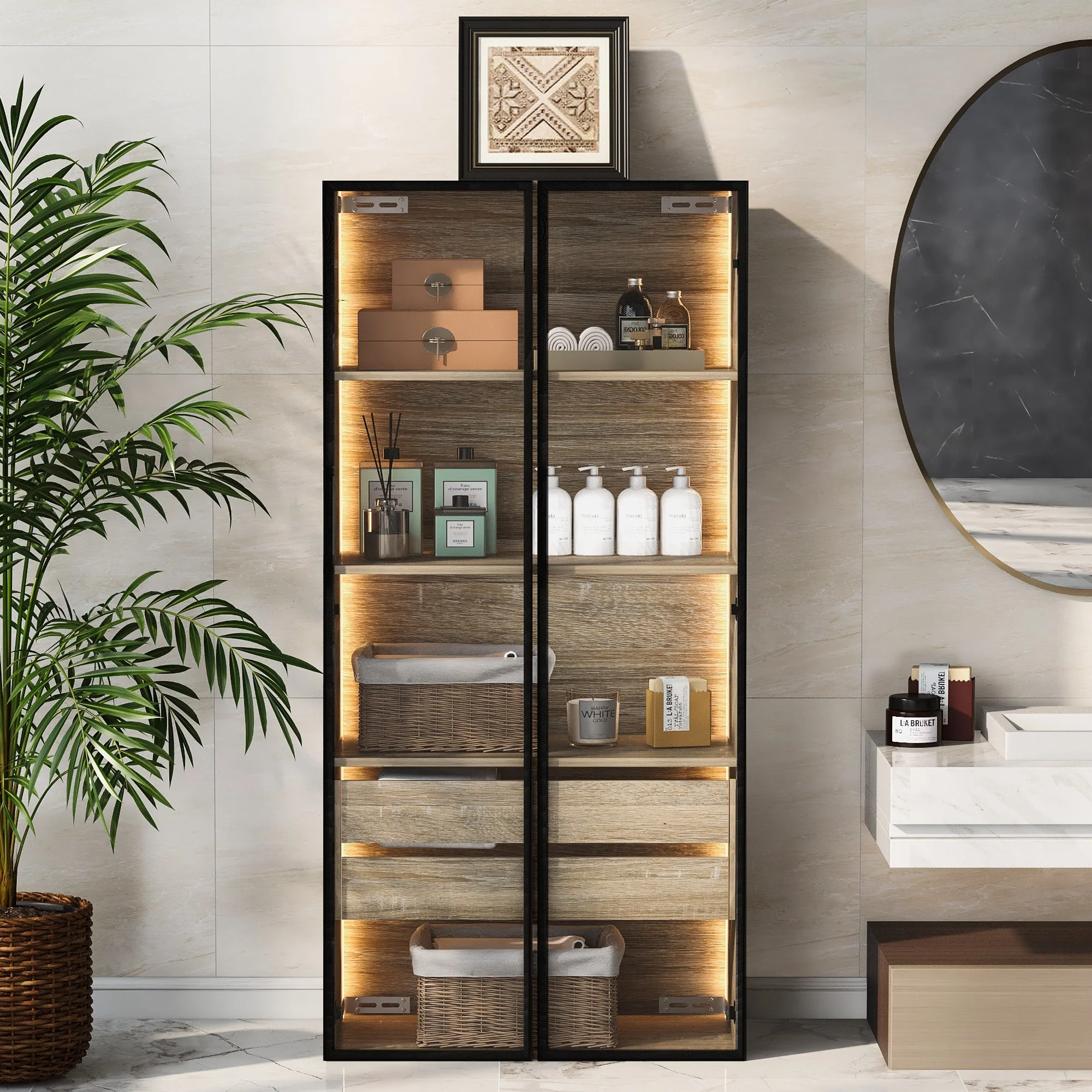 Bathroom Cabinet, 73cm, 2 Drawers & 2 Doors, Glass
